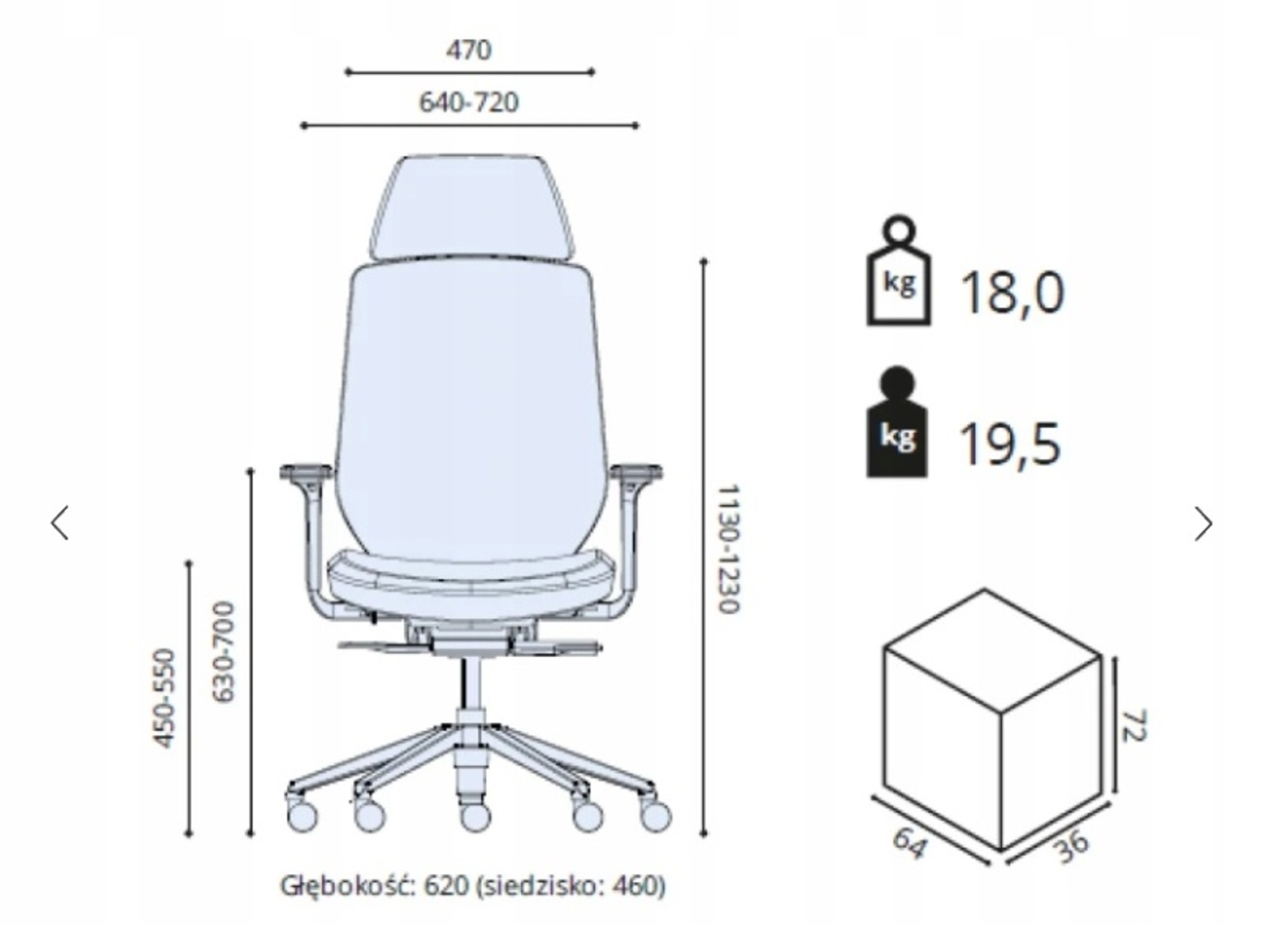 Rysunek techniczny krzesła biurowego z wymiarami i wagami.