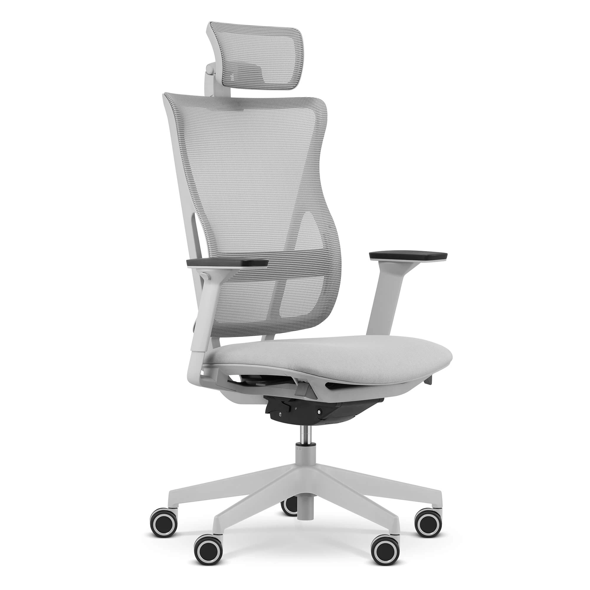 Jasnoszara ergonomiczna krzesło biurowe z siatkowym oparciem i regulowanymi podłokietnikami.