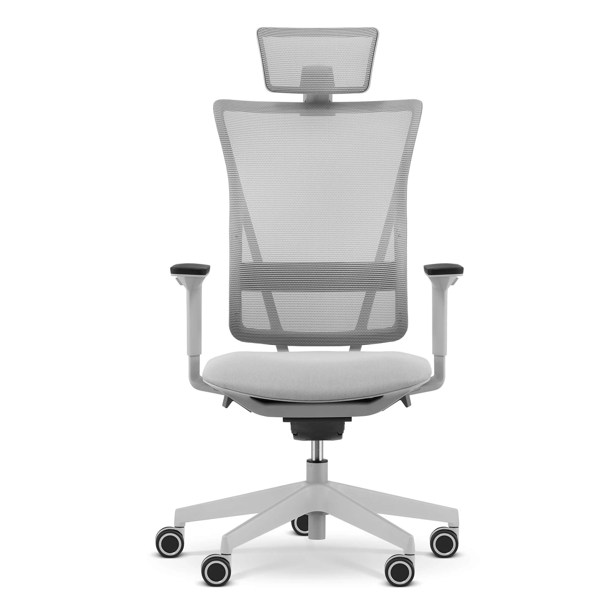 Szare krzesło biurowe z siatkowanym oparciem i zagłówkiem, na kółkach.