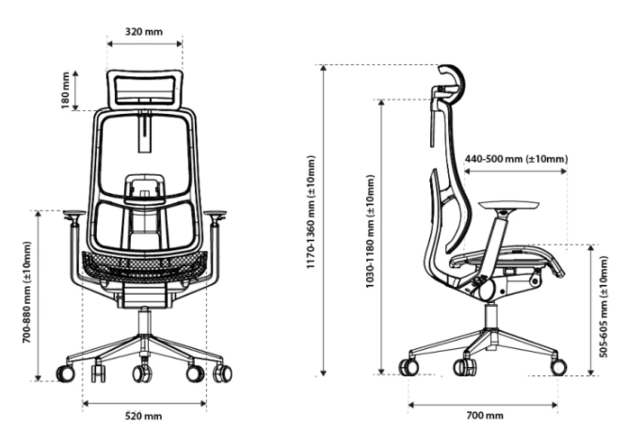 Rysunek techniczny krzesła biurowego z wymiarami w mm.