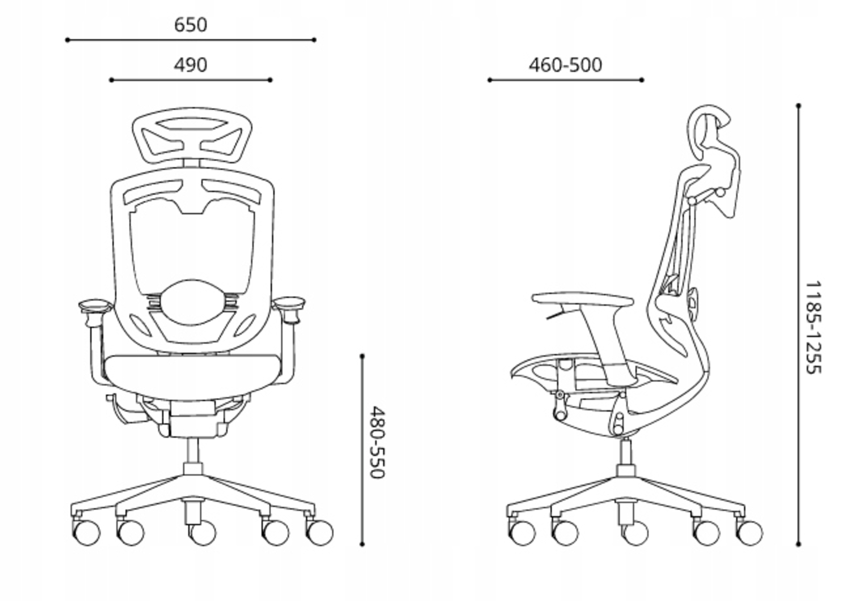 Rysunek techniczny krzesła biurowego z wymiarami.