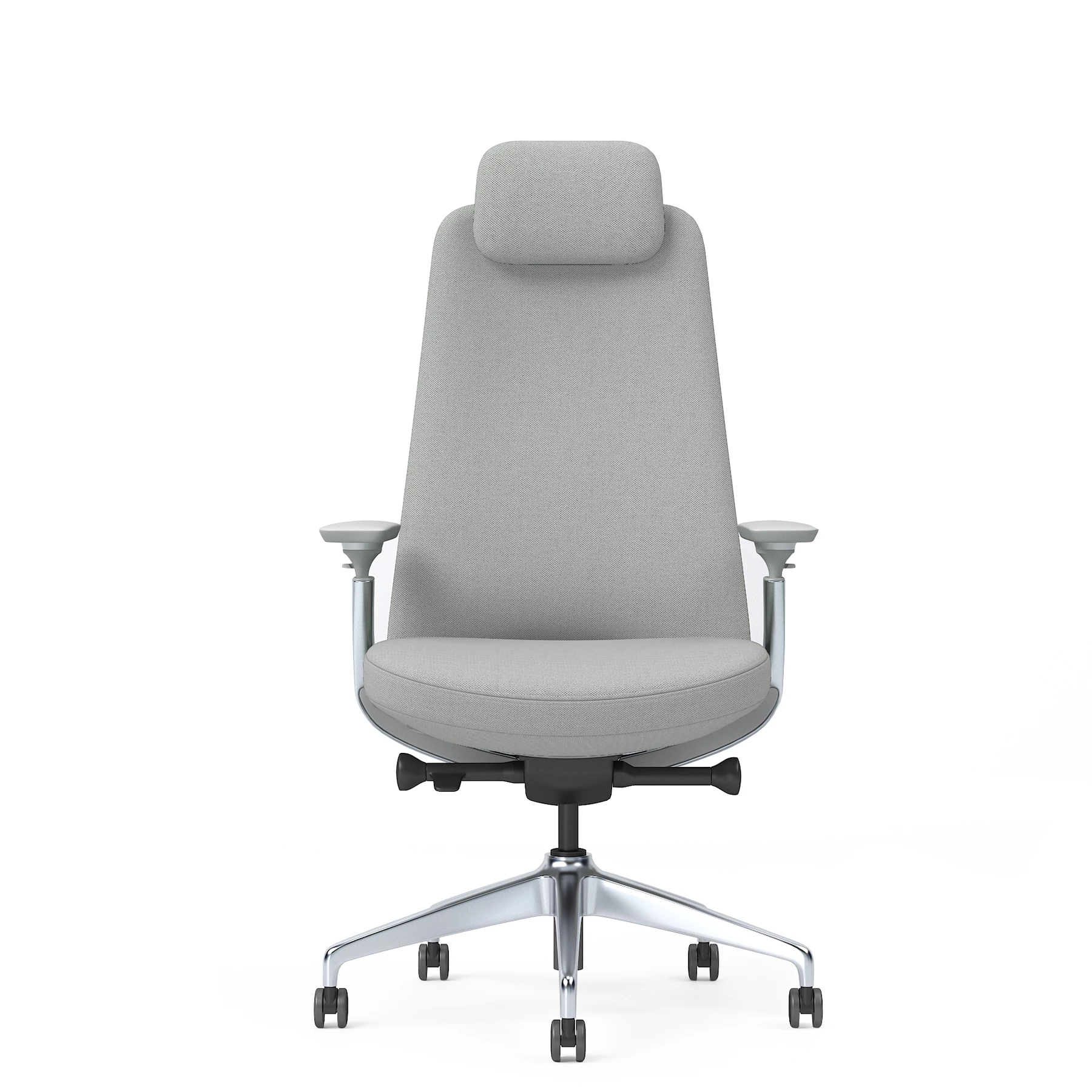 Szare krzesło biurowe z zagłówkiem i srebrną podstawą na kółkach.
