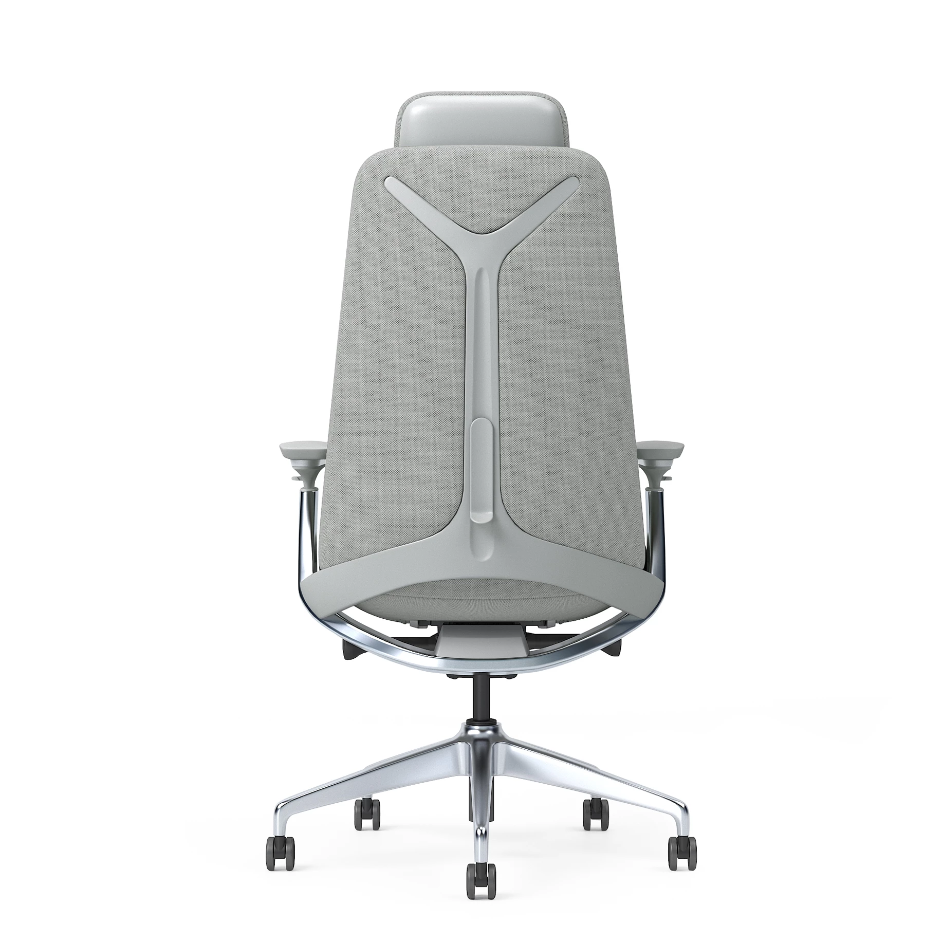 Widok z tyłu szarego krzesła biurowego z siatkowym oparciem i zagłówkiem.