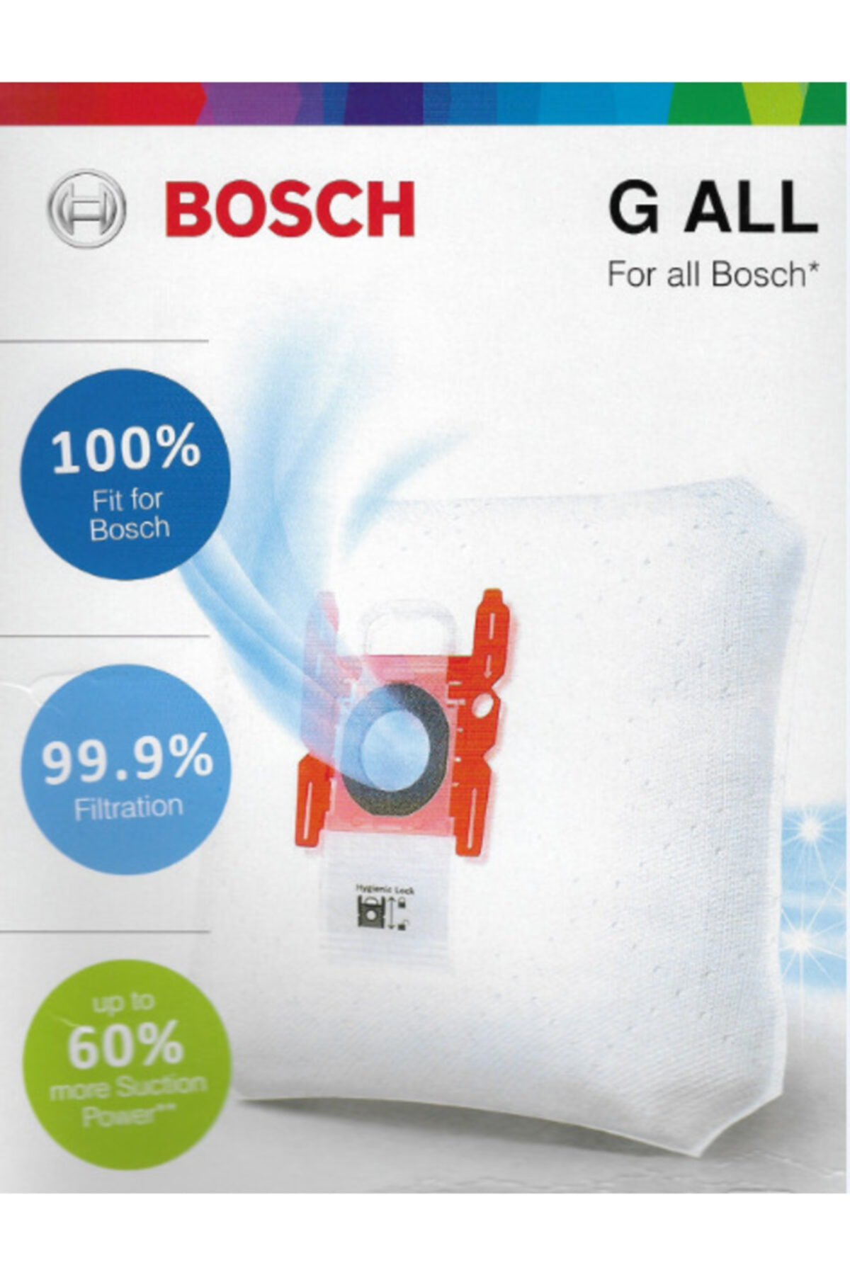 Bosch elektrik süpürge torbası: %100 uyum, %99.9 filtreleme, %60'a kadar emiş gücü.