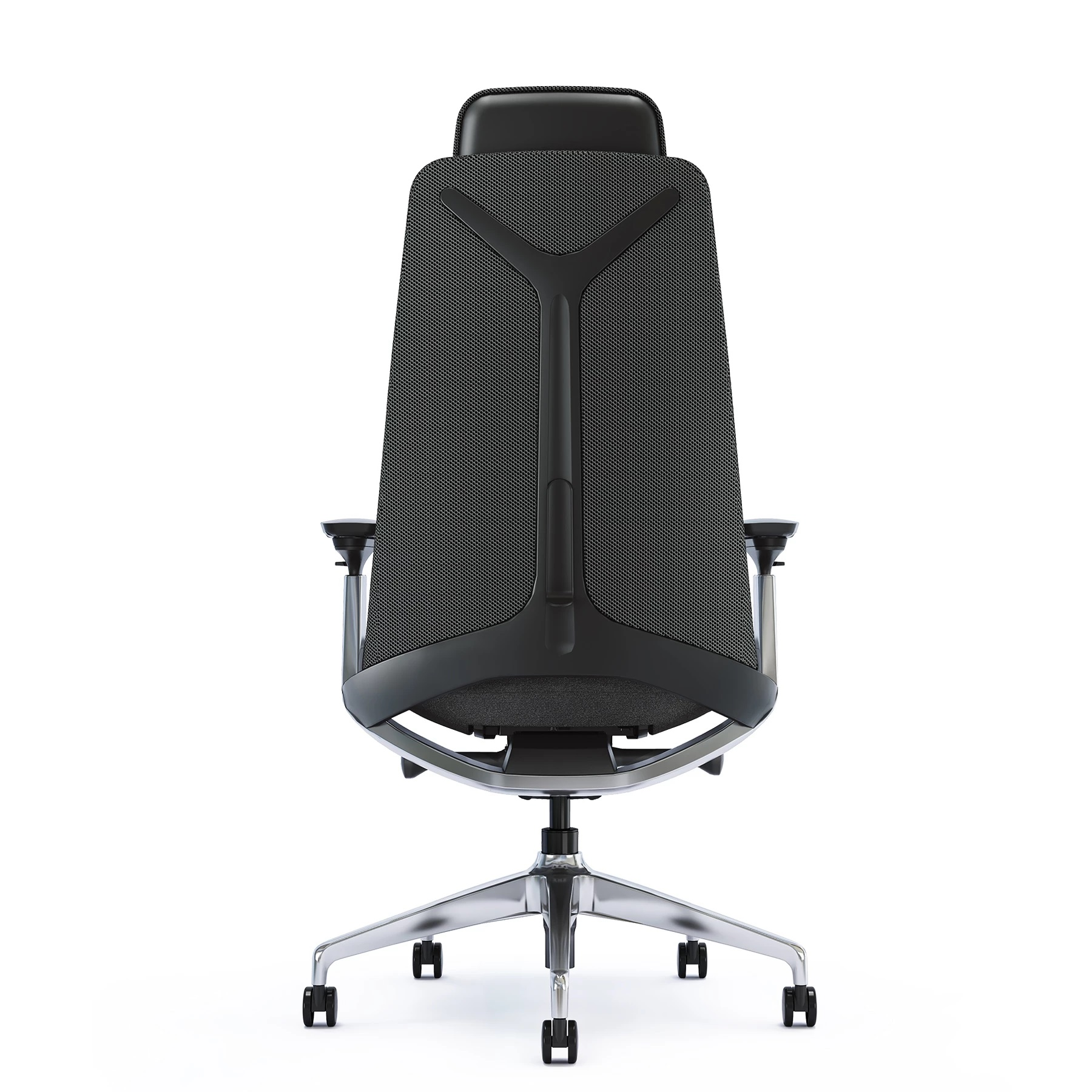 Widok z tyłu czarnego fotela biurowego z siatkowym oparciem i chromowaną podstawą.