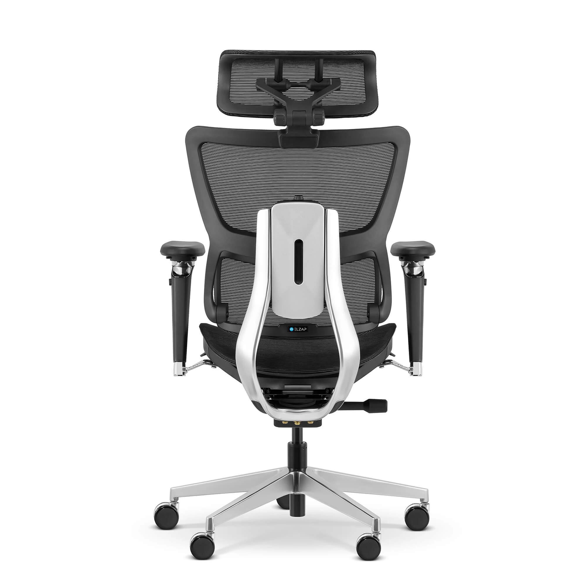 Ergonomiczne krzesło biurowe z czarnym oparciem z siatki, zagłówkiem i podłokietnikami.