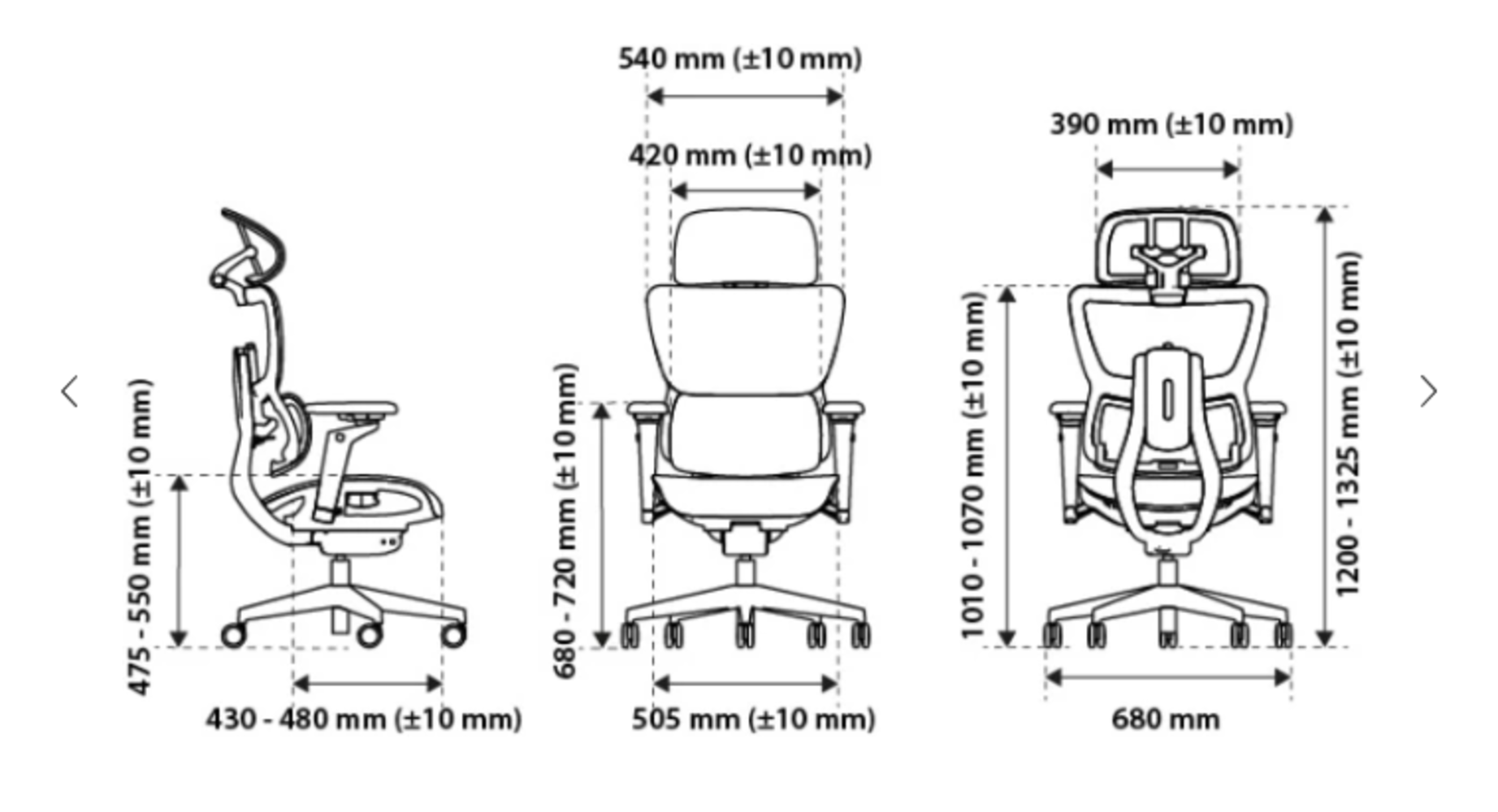 Rysunek techniczny krzesła biurowego z wymiarami w mm.