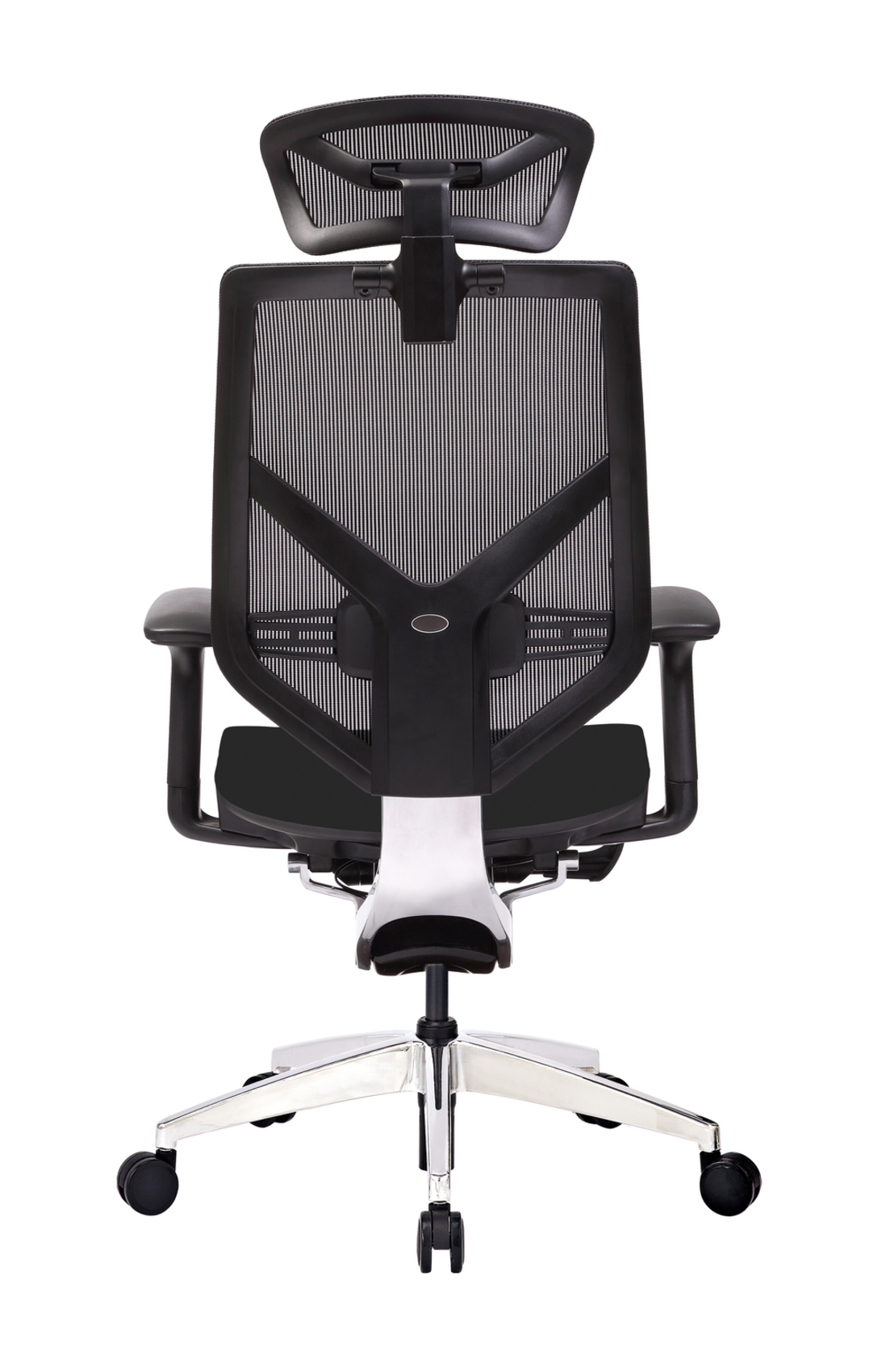 Widok z tyłu czarnego fotela biurowego z siatkowym oparciem i zagłówkiem.