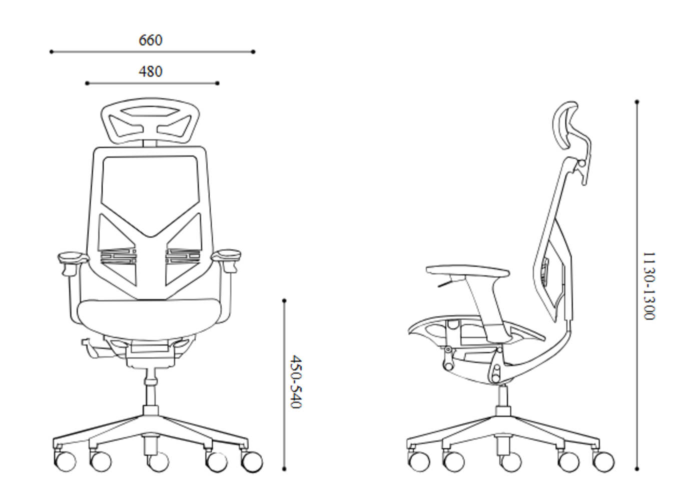 Rysunek techniczny krzesła biurowego, widok z przodu i z boku, z wymiarami.