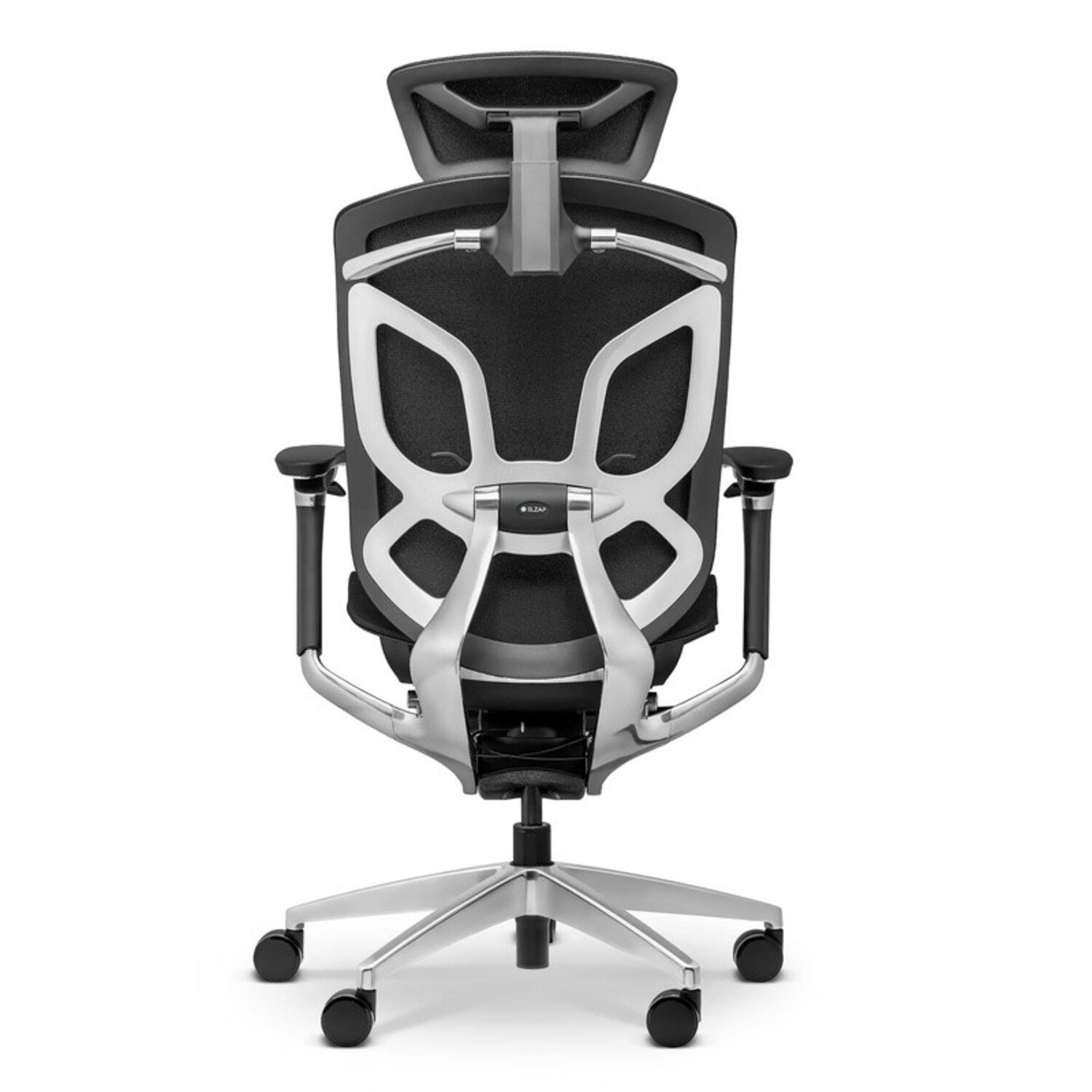 Widok z tyłu czarnego fotela biurowego ze srebrną metalową ramą i kółkami.