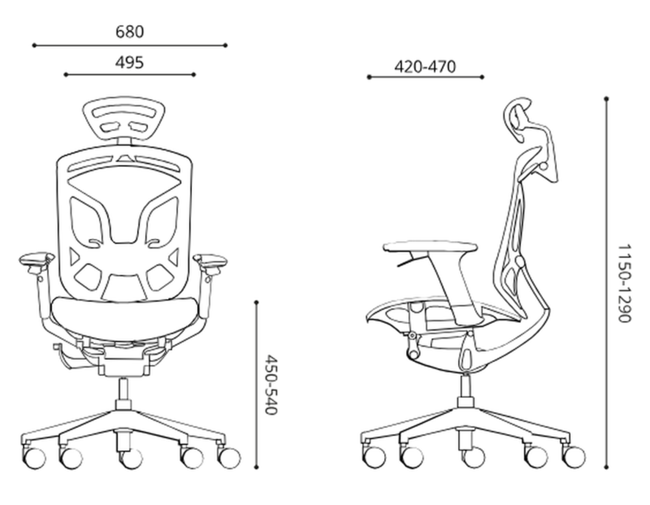 Rysunek techniczny krzesła biurowego z wymiarami.