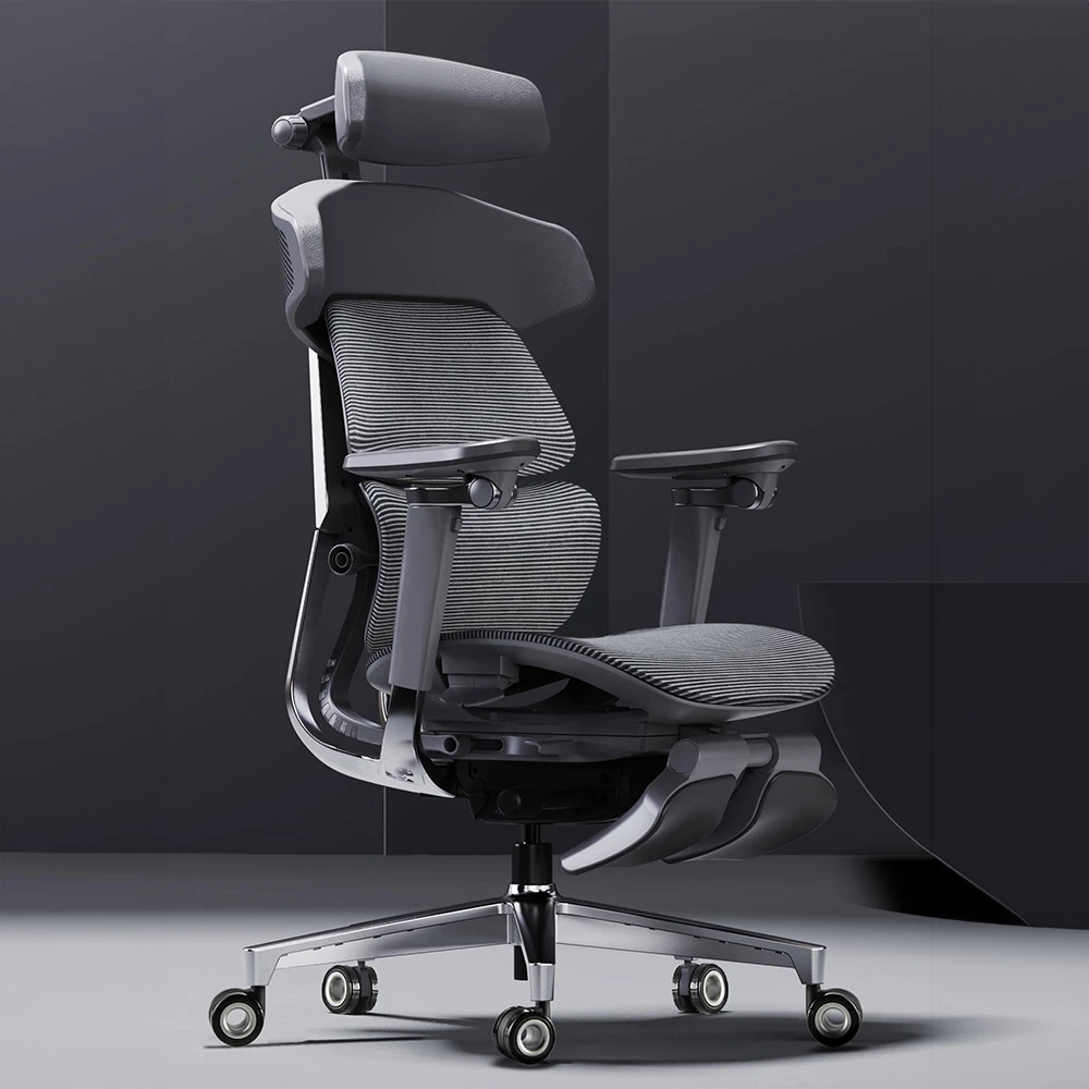 Nowoczesne, ergonomiczne krzesło biurowe z zagłówkiem.