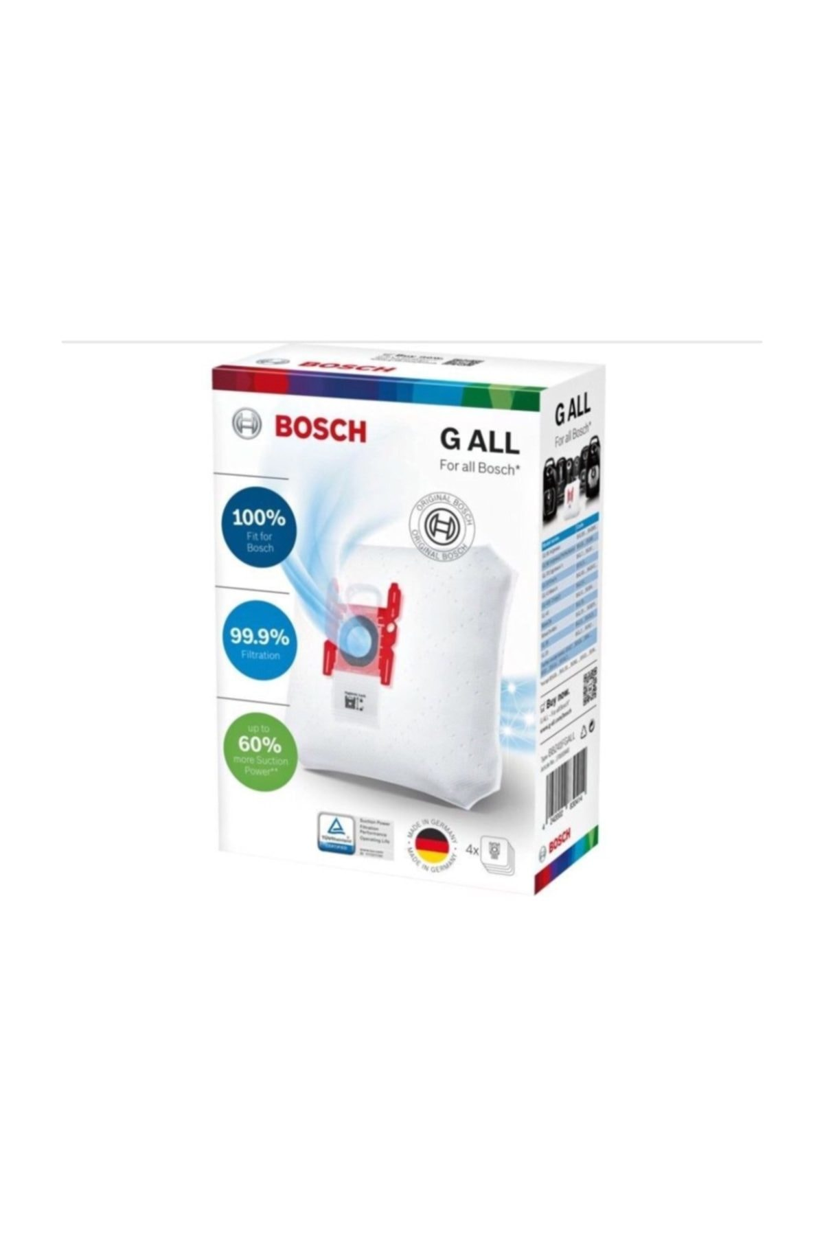 Bosch G ALL elektrikli süpürge torbası ambalajı, %100 uyum ve %99,9 filtreleme.