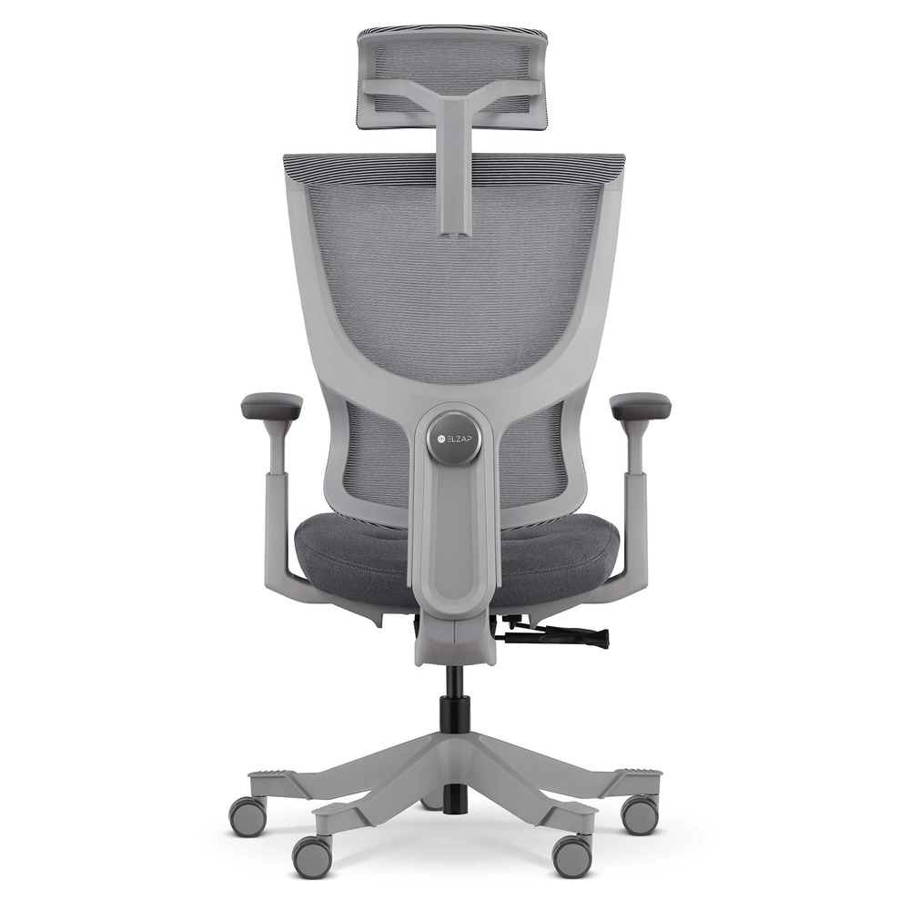 Szare krzesło biurowe z siatkowanym oparciem i regulowanym zagłówkiem.