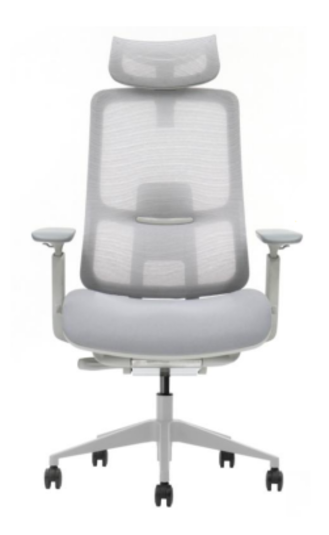 Jasnoszary fotel biurowy z siatkowym oparciem i regulowanym zagłówkiem.