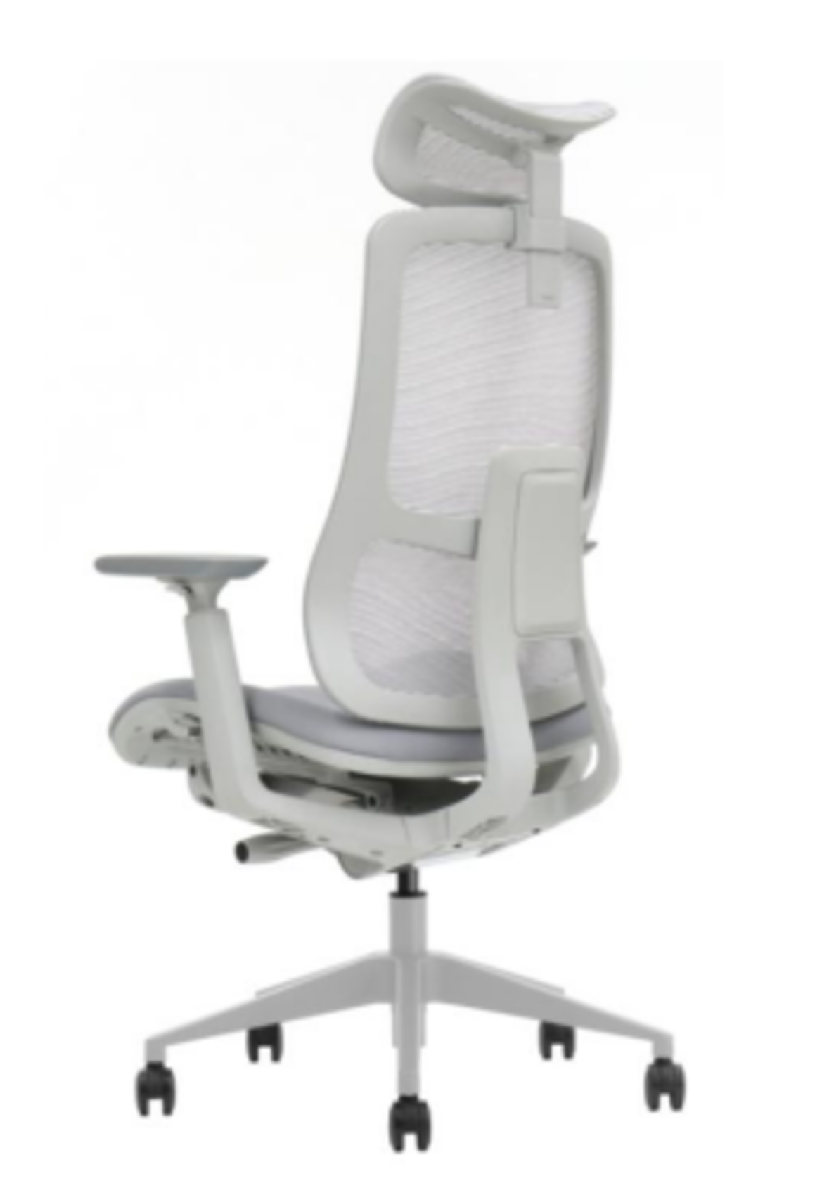 Jasny ergonomiczny fotel biurowy z siatkowym oparciem i regulowanym zagłówkiem.