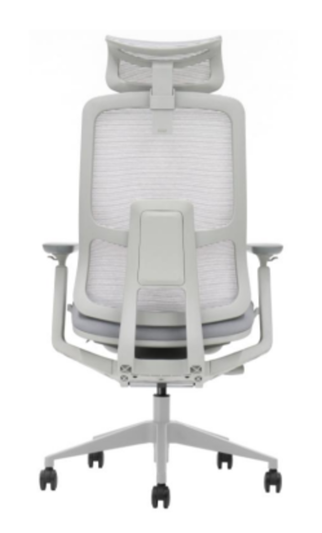 Szare krzesło biurowe z siatkowym oparciem i regulowanym zagłówkiem, tył.