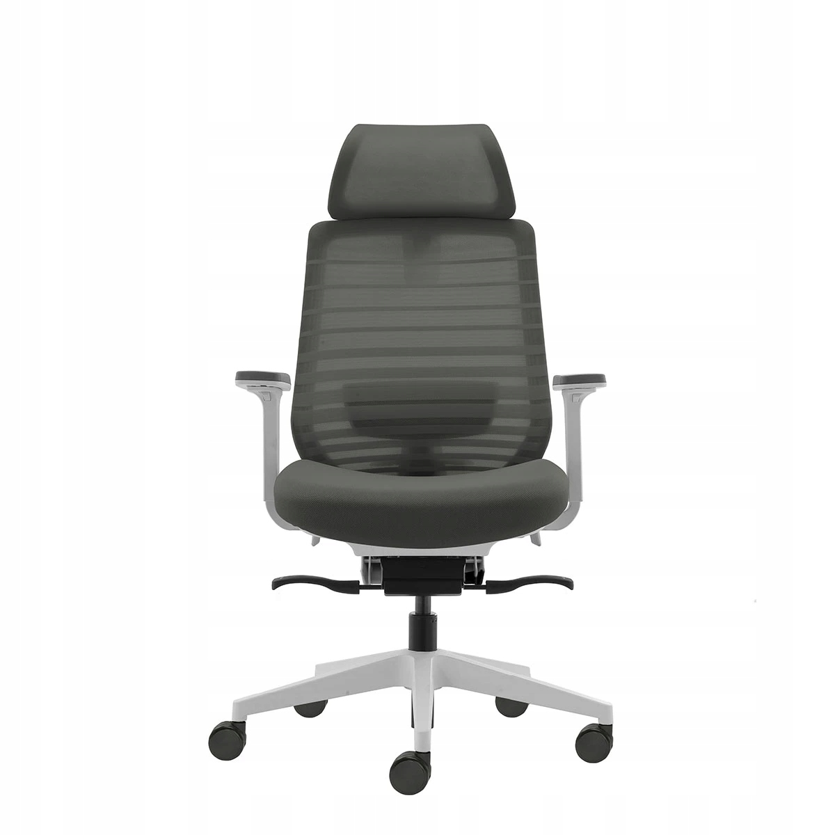 Szare krzesło biurowe z siatki z białym stelażem i kółkami.