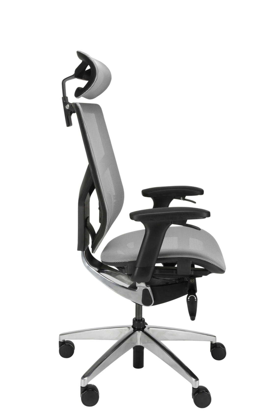 Szare ergonomiczne krzesło biurowe z siatkowym oparciem i zagłówkiem.