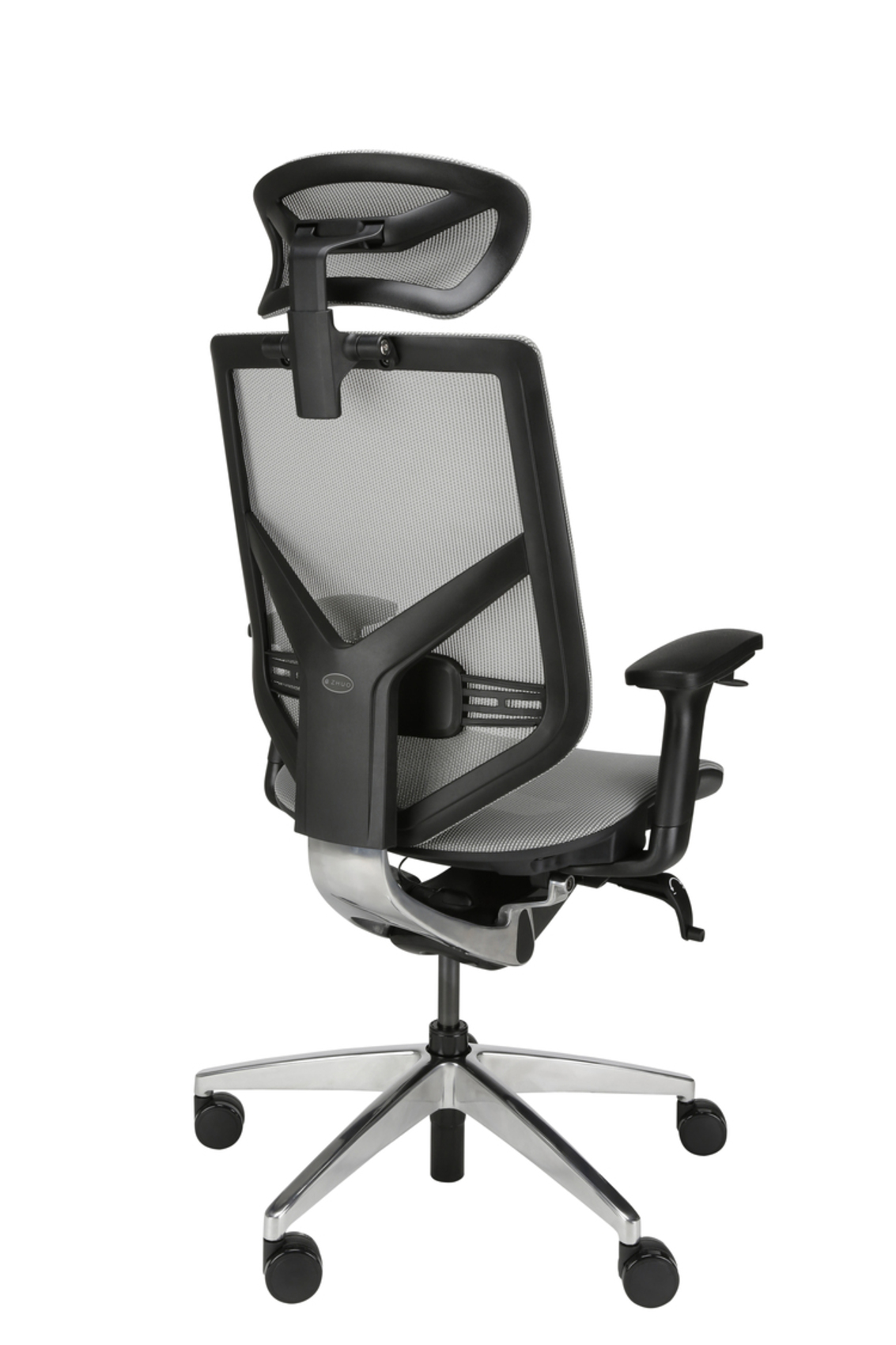 Czarny fotel biurowy z siatkowym oparciem i regulowanym zagłówkiem.