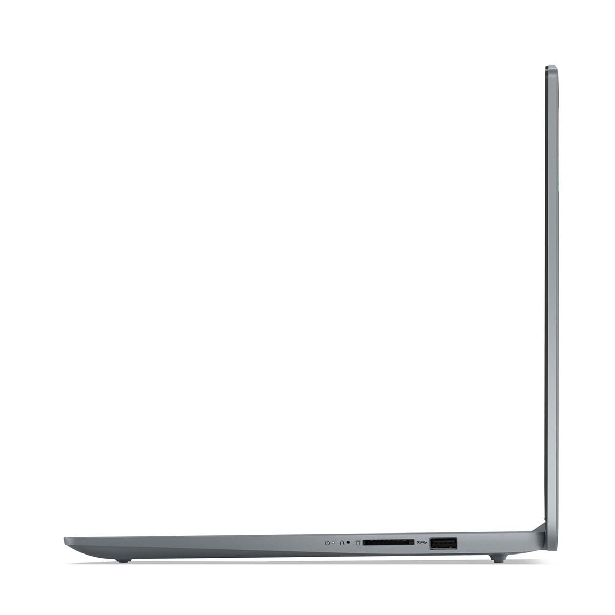 Szary laptop widok z boku z portami: USB-C, czytnik kart SD.