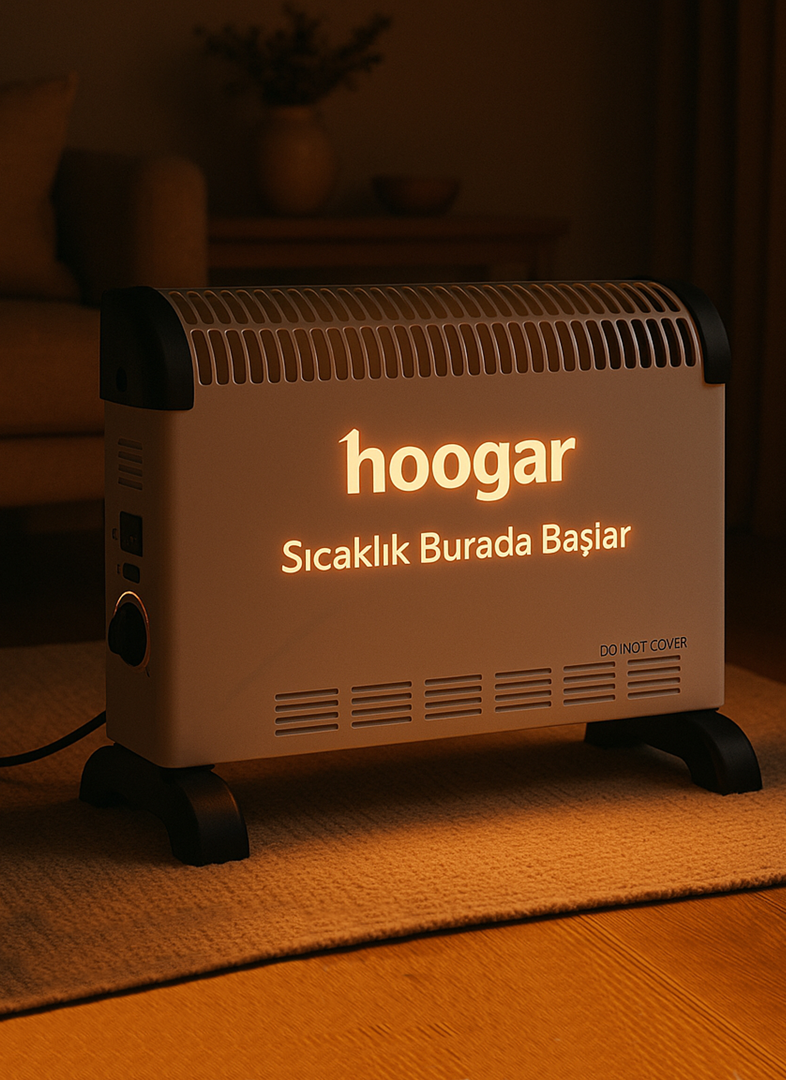 Halının üzerinde parlayan yazılı beyaz ısıtıcı.