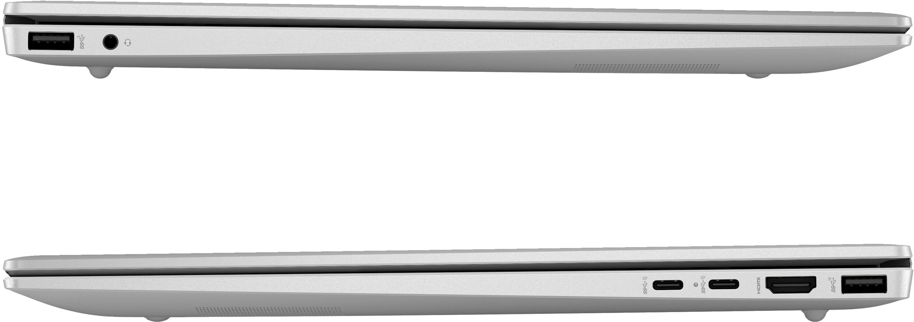 Srebrny laptop z widokiem z boku, pokazujący porty USB, audio i HDMI.