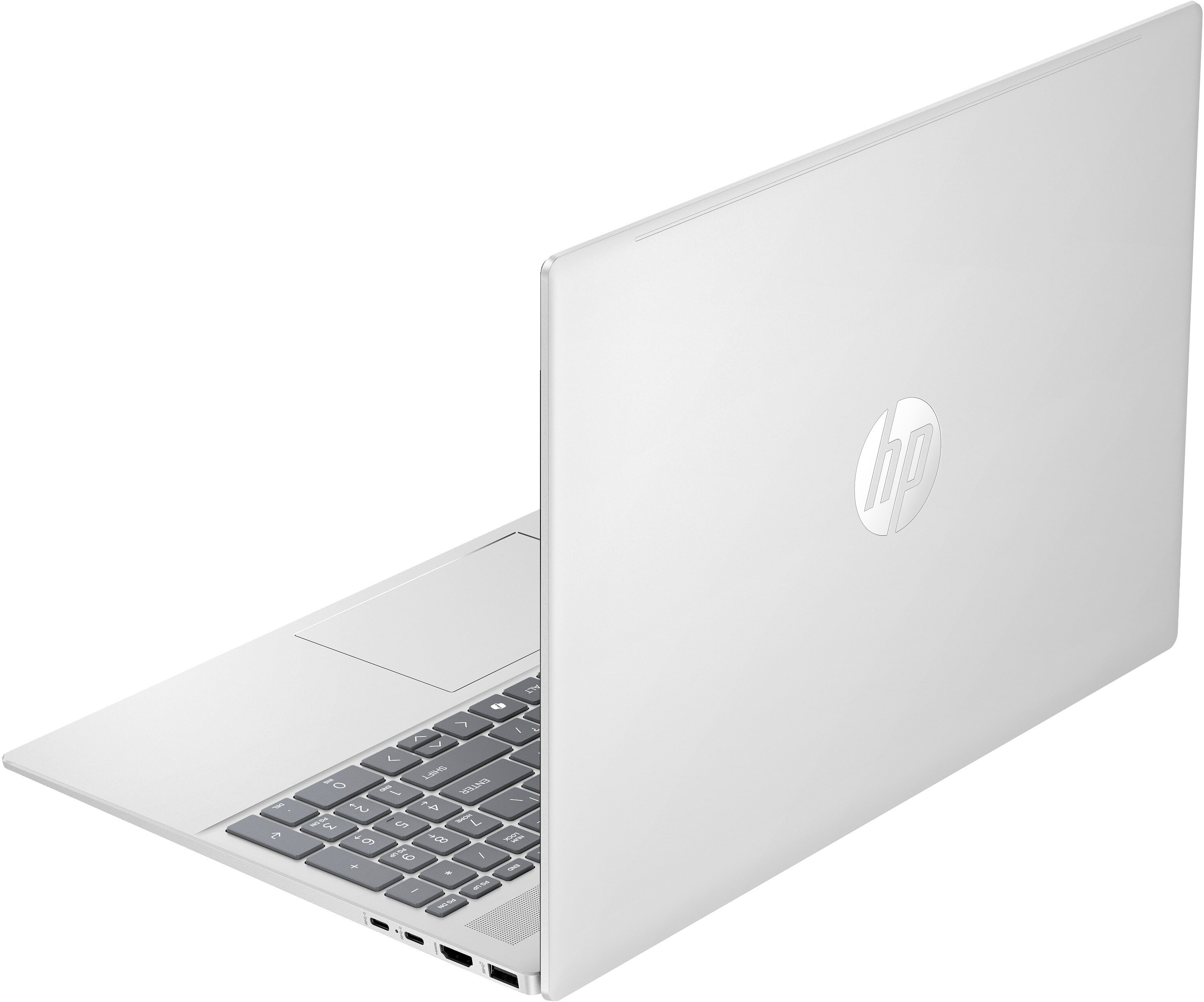 Biały laptop HP z klawiaturą i logo HP na pokrywie.
