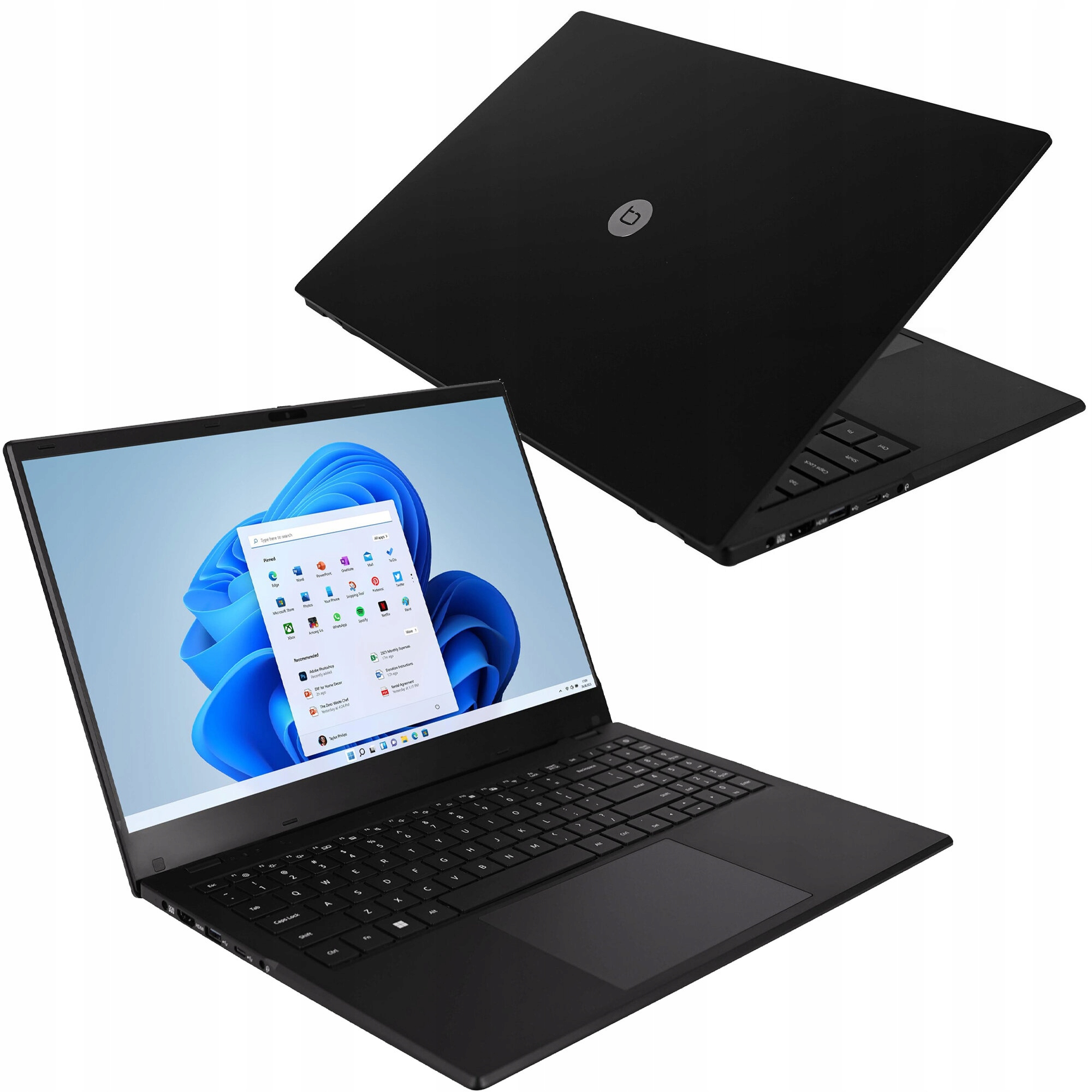 Czarny laptop z podświetlanym ekranem wyświetlającym interfejs Windows 11.