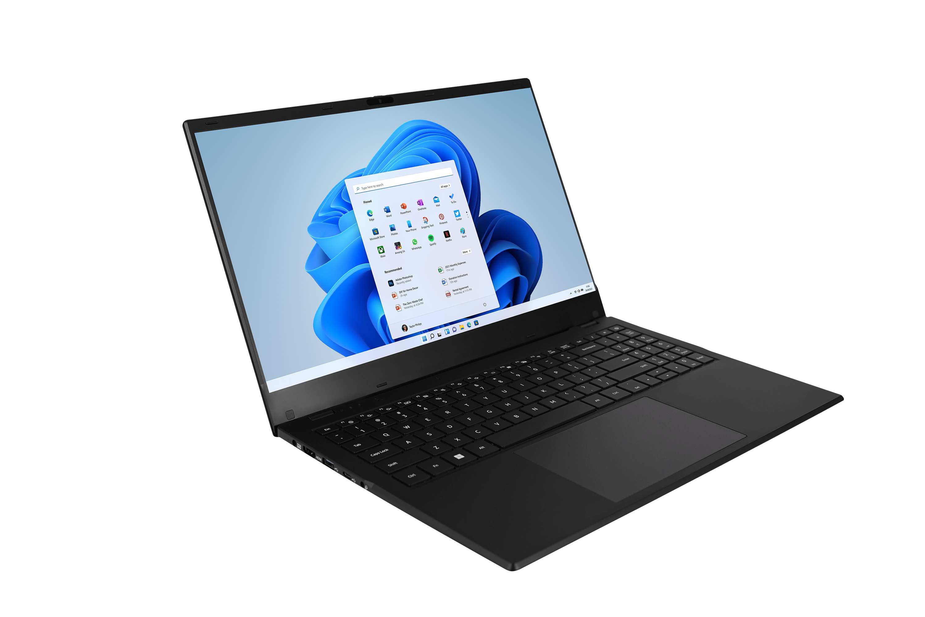 Czarny laptop wyświetlający menu Start systemu Windows 11 na ekranie.