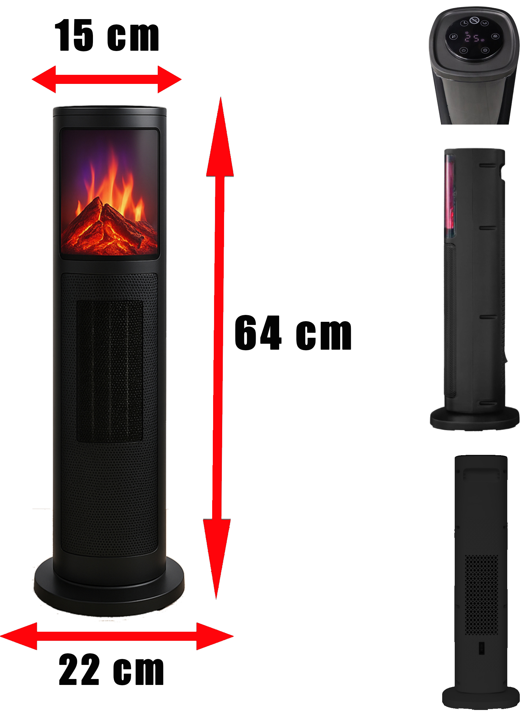 Alev efektli siyah kule tipi elektrikli ısıtıcı, 64cm yükseklik, 22cm genişlik, 15cm derinlik.