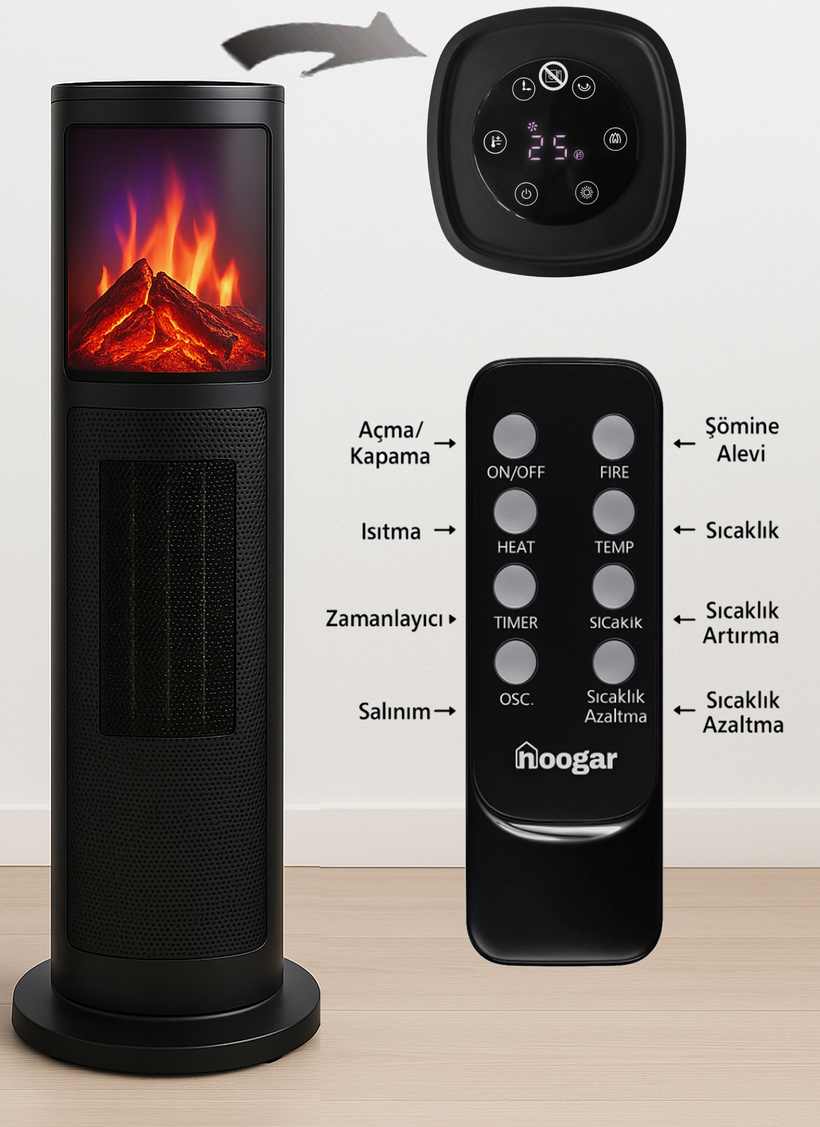 Ekranlı ve uzaktan kumandalı siyah elektrikli ısıtıcı.