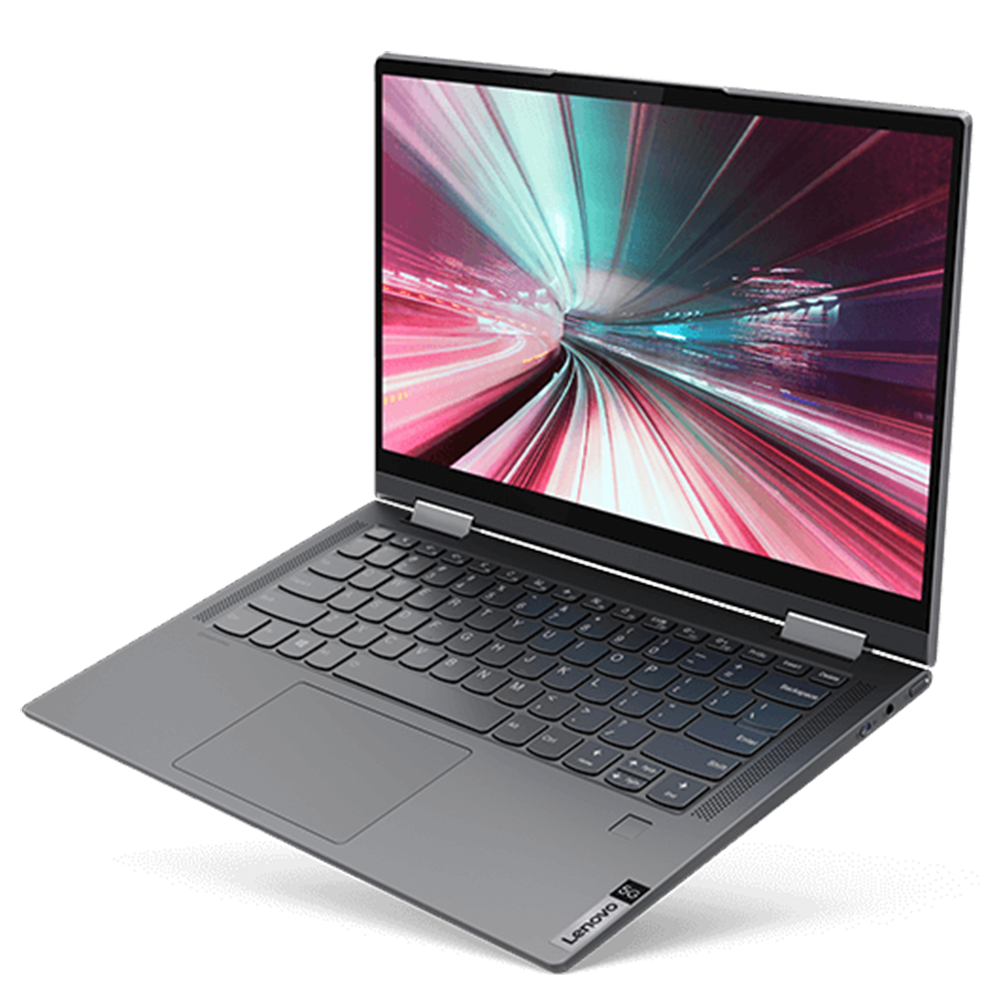 Szary laptop z klawiaturą i ekranem pokazującym tunel.