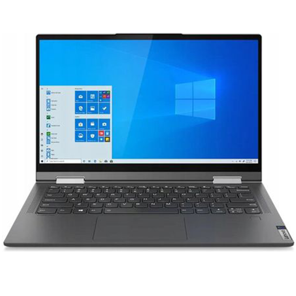 Zamknięty szary laptop z podświetlonym ekranem wyświetlającym system Windows.