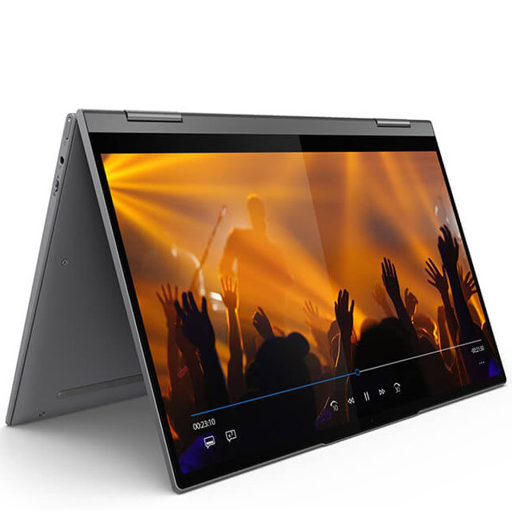 Laptop wyświetla koncert z wiwatującym tłumem w jasnym świetle.