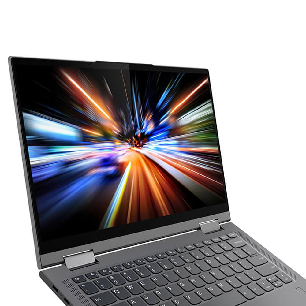 Otwarty laptop z kolorowym ekranem w paski świetlne i klawiaturą.