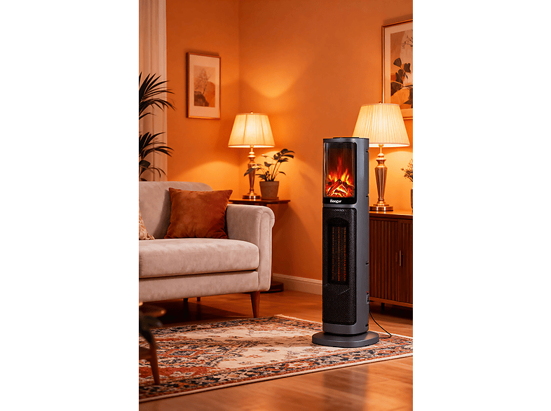 HOOGAR 2075 L Oben Seri OLED Şömineli Ekran Dijital Turbo Hızlı 2000 W Kule Tipi Isıtıcı Gri
