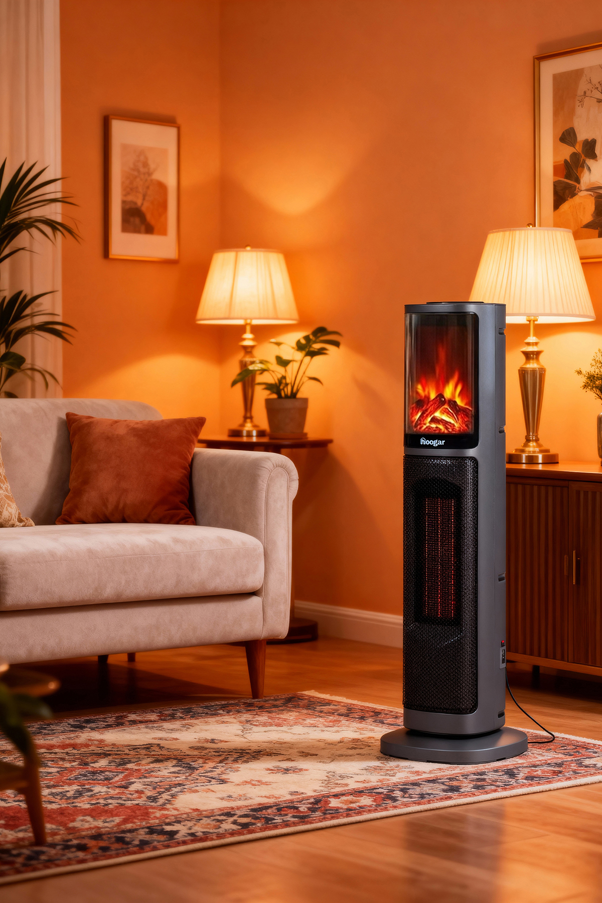 HOOGAR 2075 L Oben Seri OLED Şömineli Ekran Dijital Turbo Hızlı 2000 W Kule Tipi Isıtıcı Gri