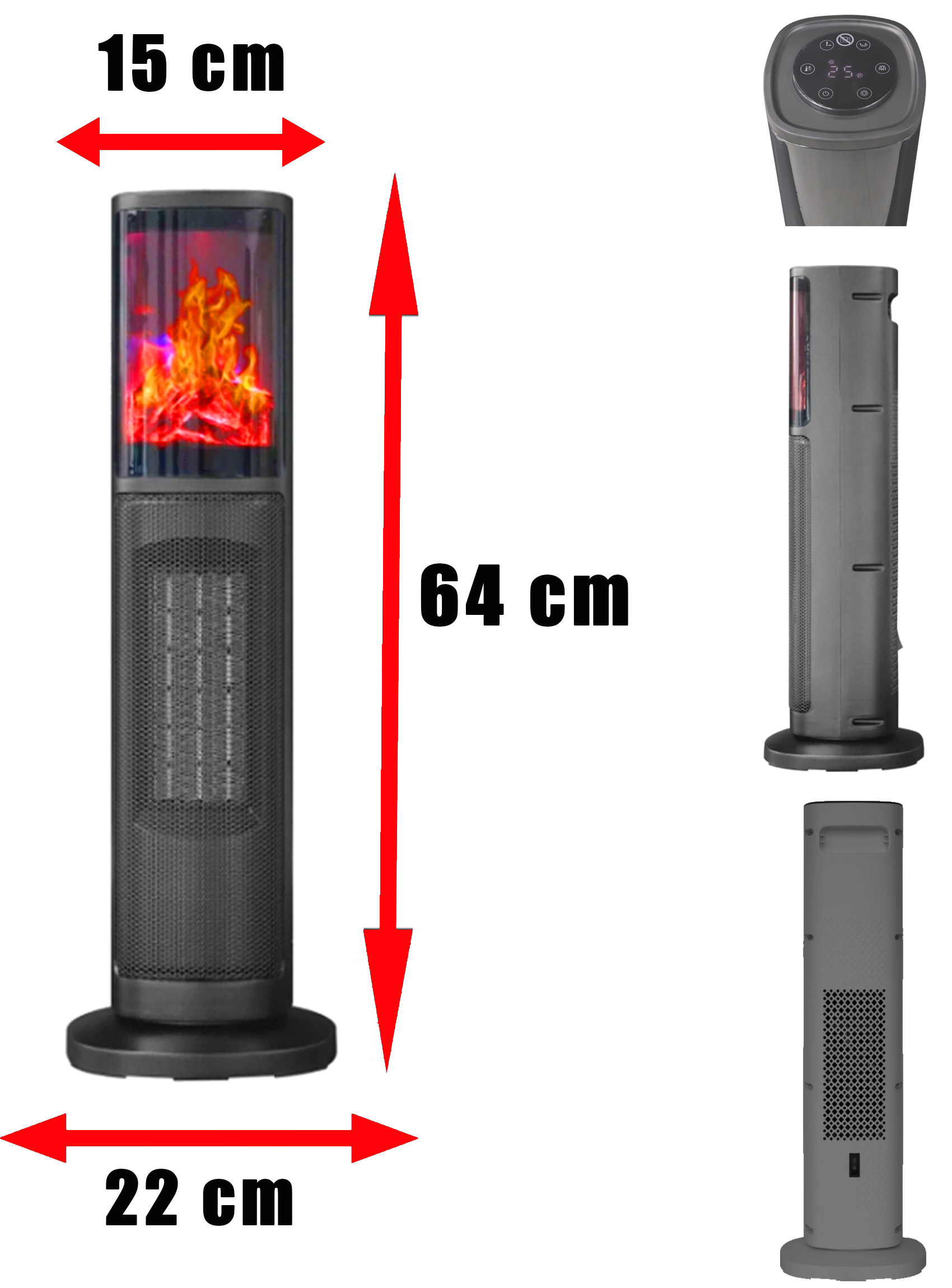 Alev efektli siyah kule ısıtıcı. 64cm yüksek, 15cm geniş, 22cm derin.