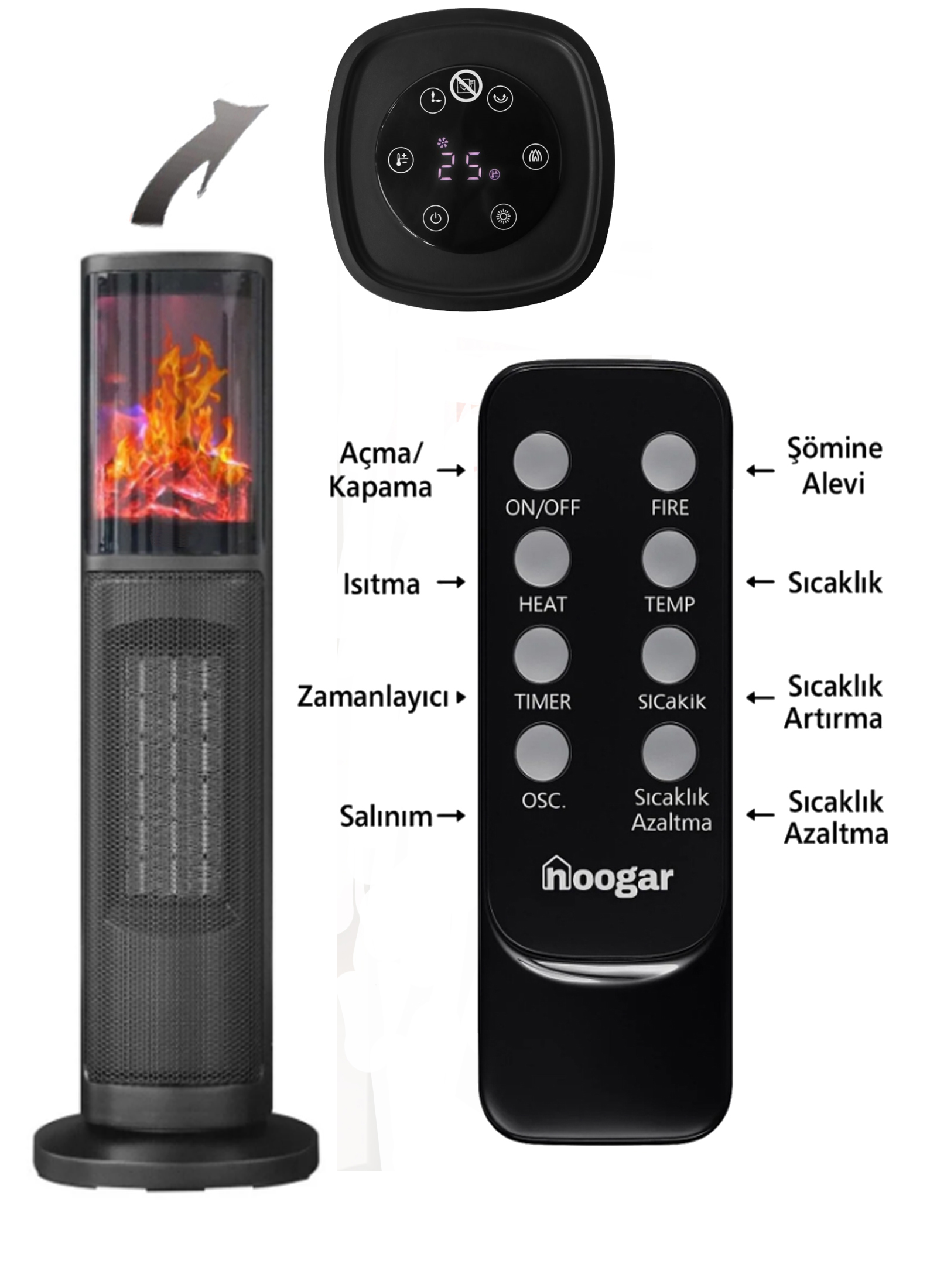 Alev efektli, uzaktan kumandalı ve kontrol panelli siyah ısıtıcı.