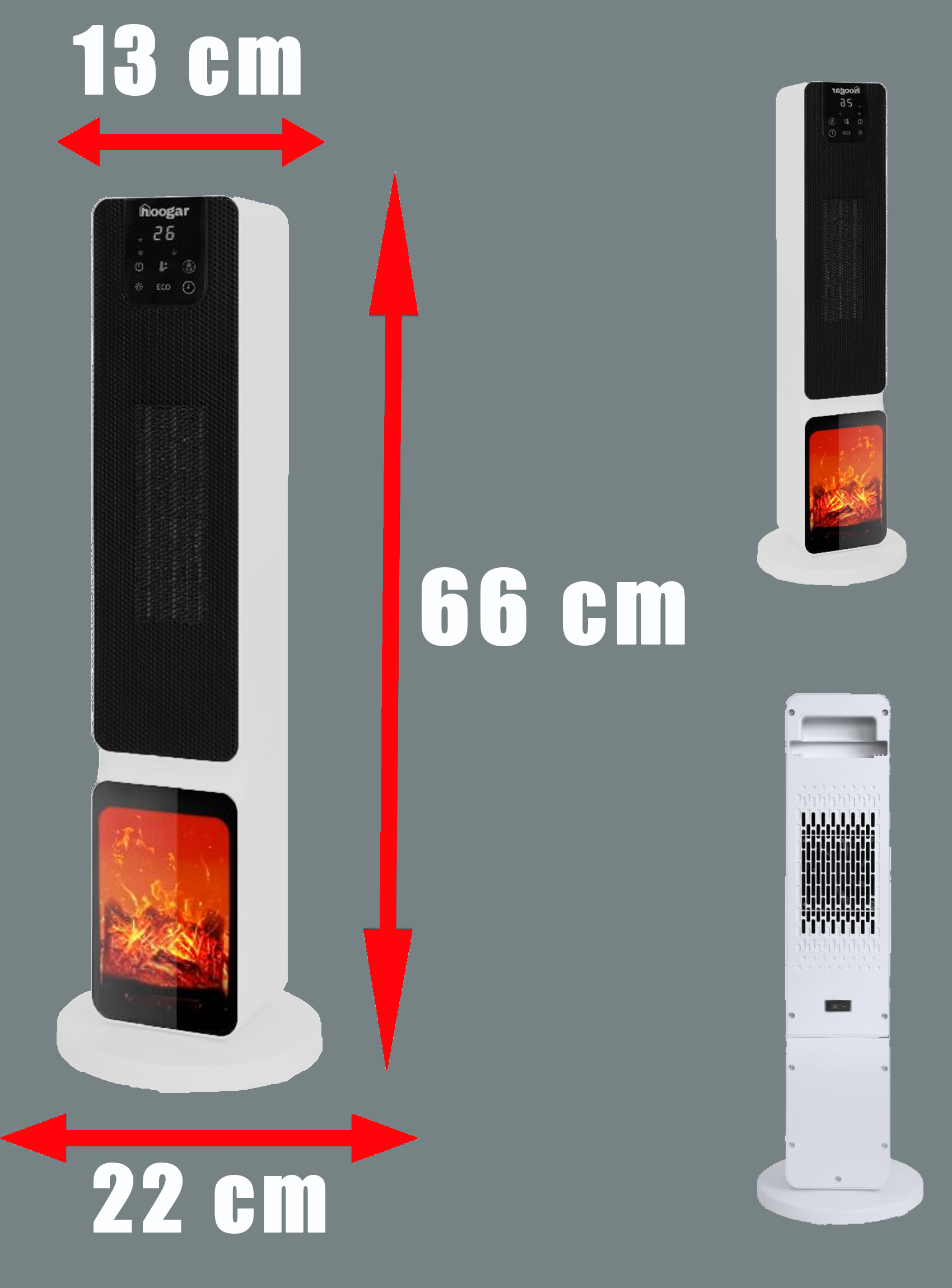 Alev efektli beyaz fanlı ısıtıcı, 66 cm yüksek, 22 cm geniş, 13 cm derin.