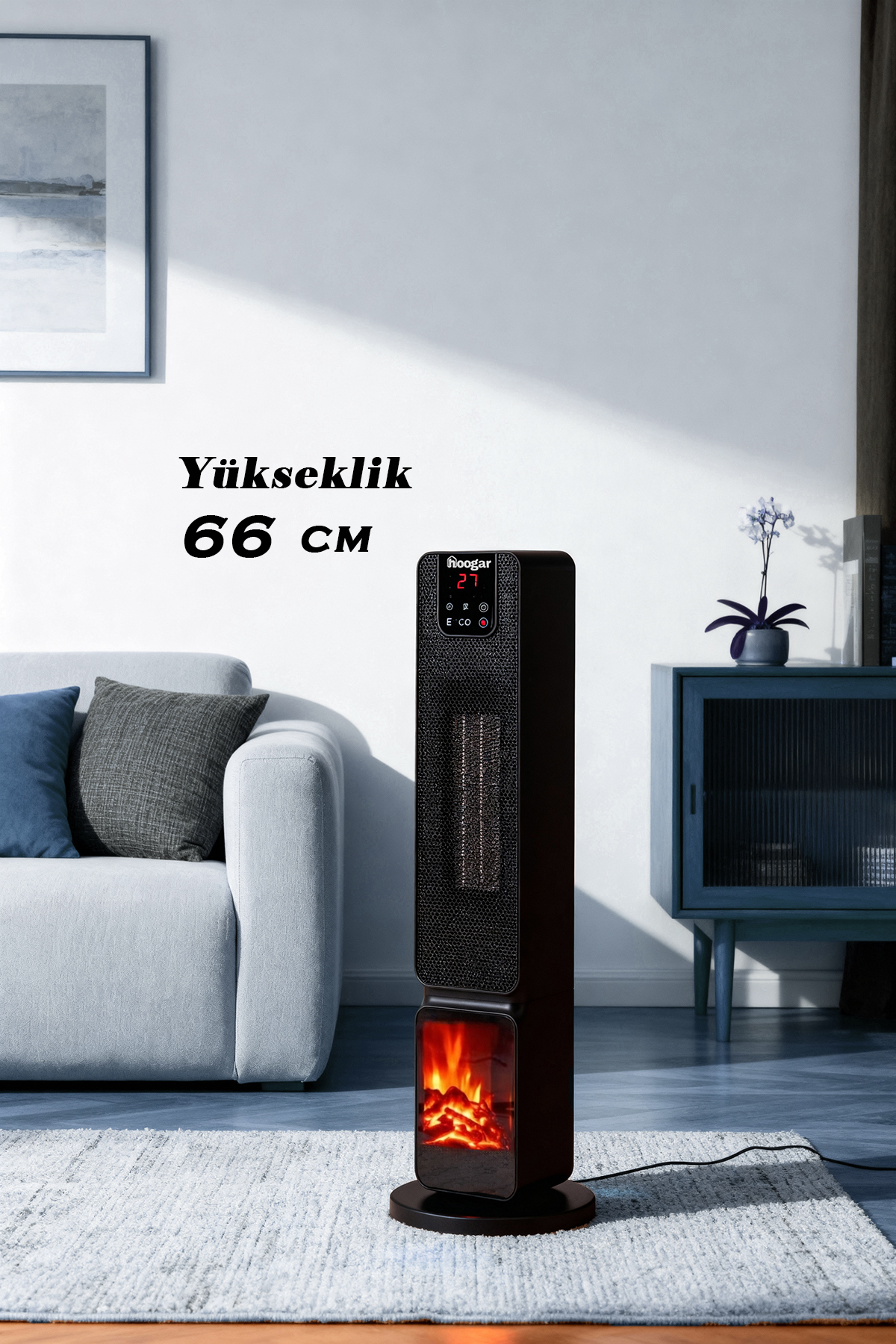 Alev efektli siyah kule tipi ısıtıcı koltuğun yanında duruyor.