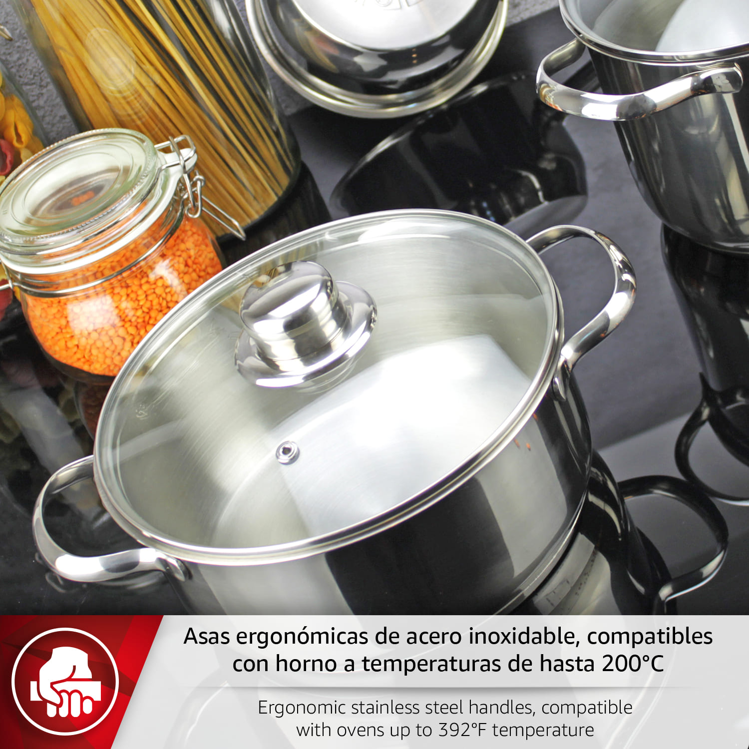 Ollas de acero inoxidable con tapas de vidrio y tarro de lentejas.