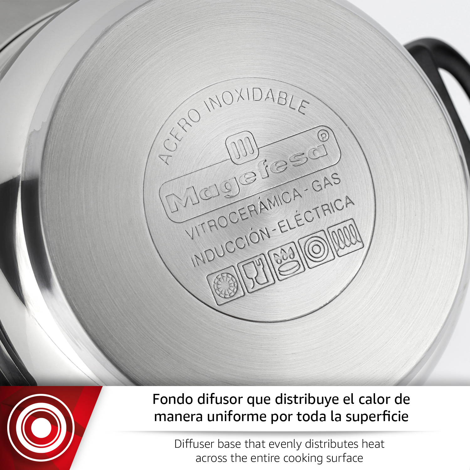 Fondo difusor de acero inoxidable con logo Magefesa, apto para todas las cocinas.