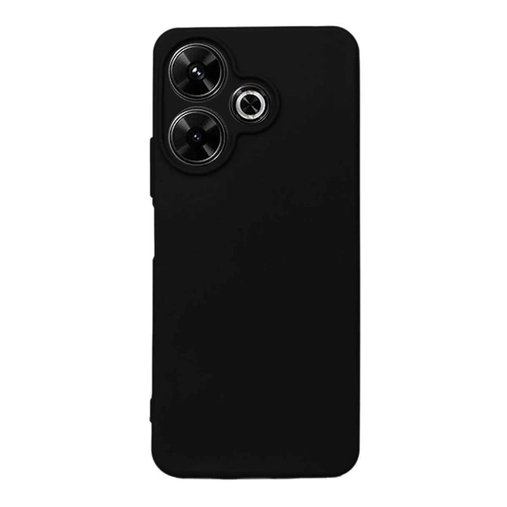 Üçlü kamera kesimli ve flaşlı siyah akıllı telefon kılıfı.