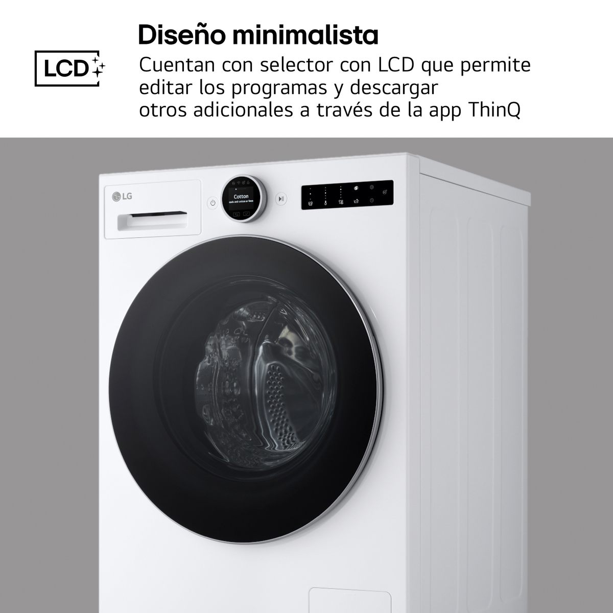 Lavadora LG blanca con puerta negra y pantalla LCD.