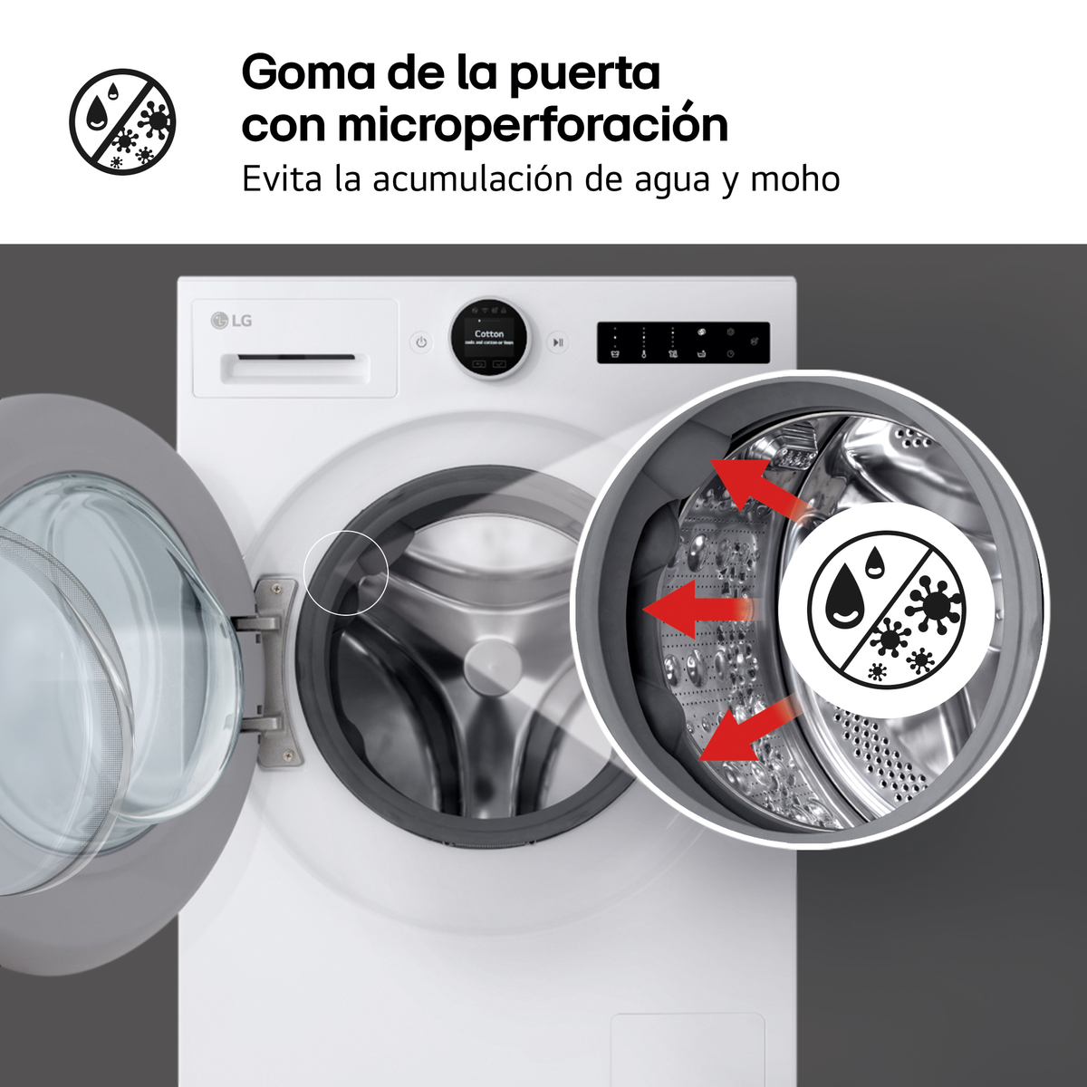 Sello de puerta de lavadora con microperforaciones para evitar humedad.