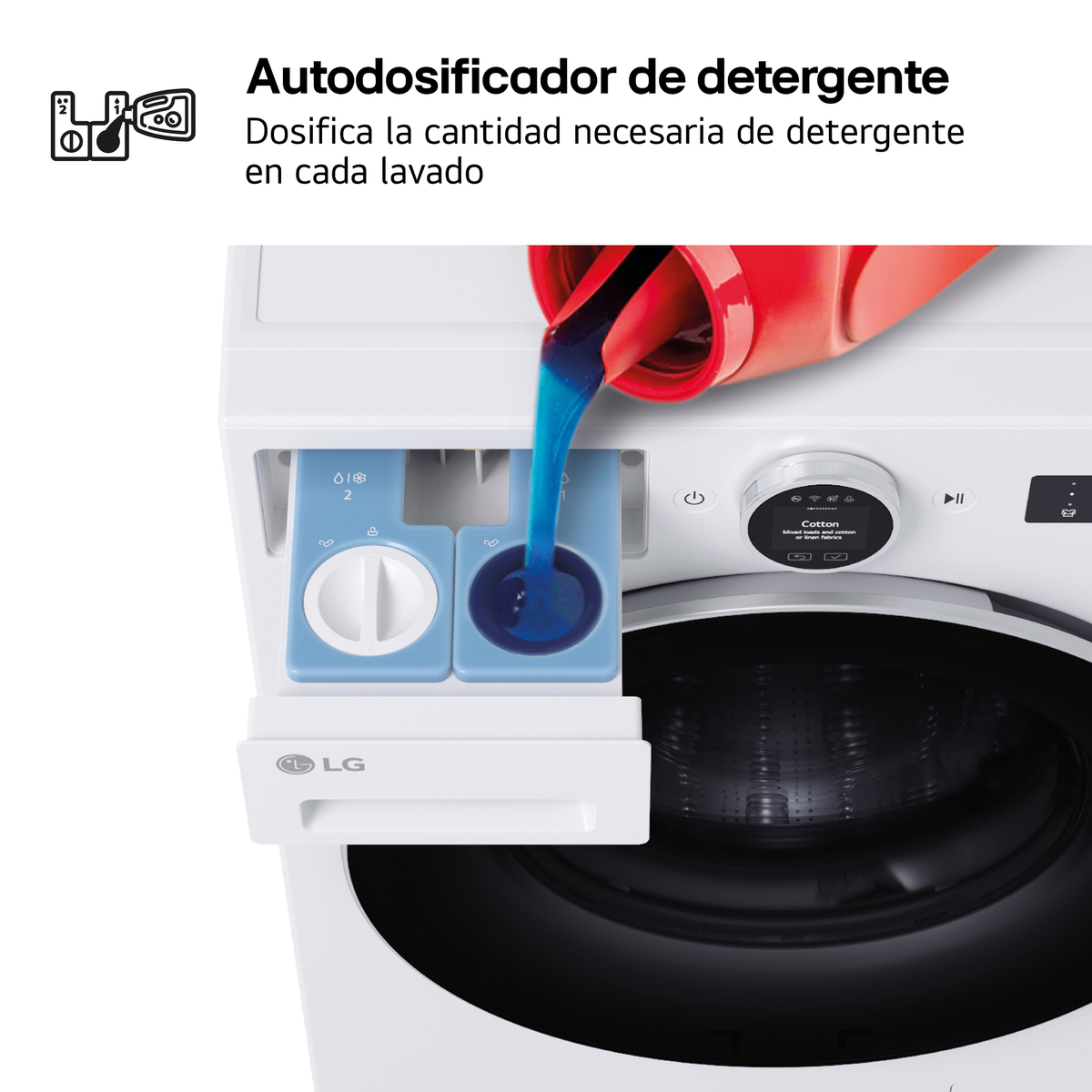 Una botella roja vierte detergente líquido azul en un dispensador de lavadora.