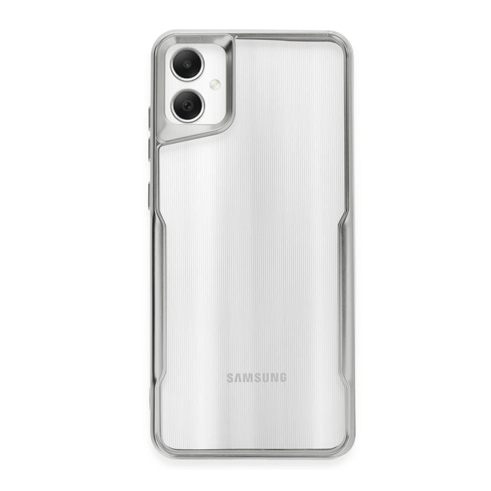 Dikey çizgili, üstte iki kamera lensli şeffaf telefon kılıfı.