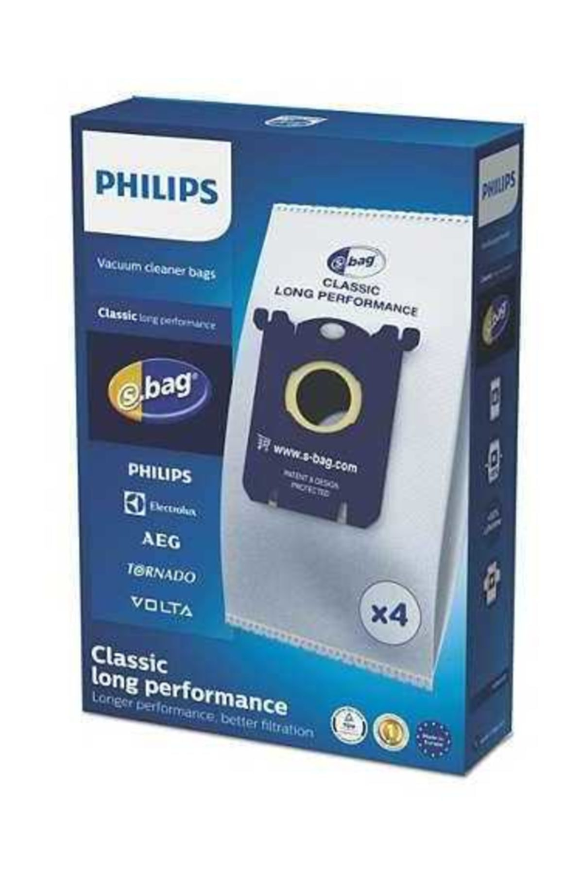 Philips elektrikli süpürge torbası kutusu, Classic Long Performance, 4 adet.